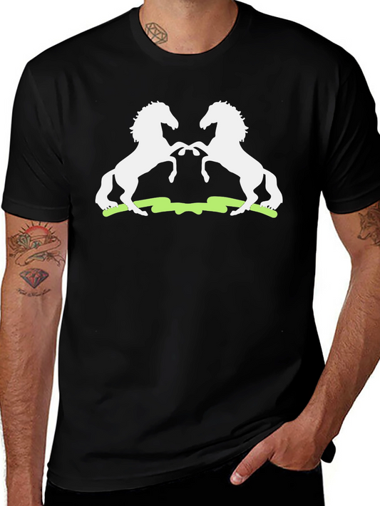 Graphic Tee: White Stallions on Black Cotton