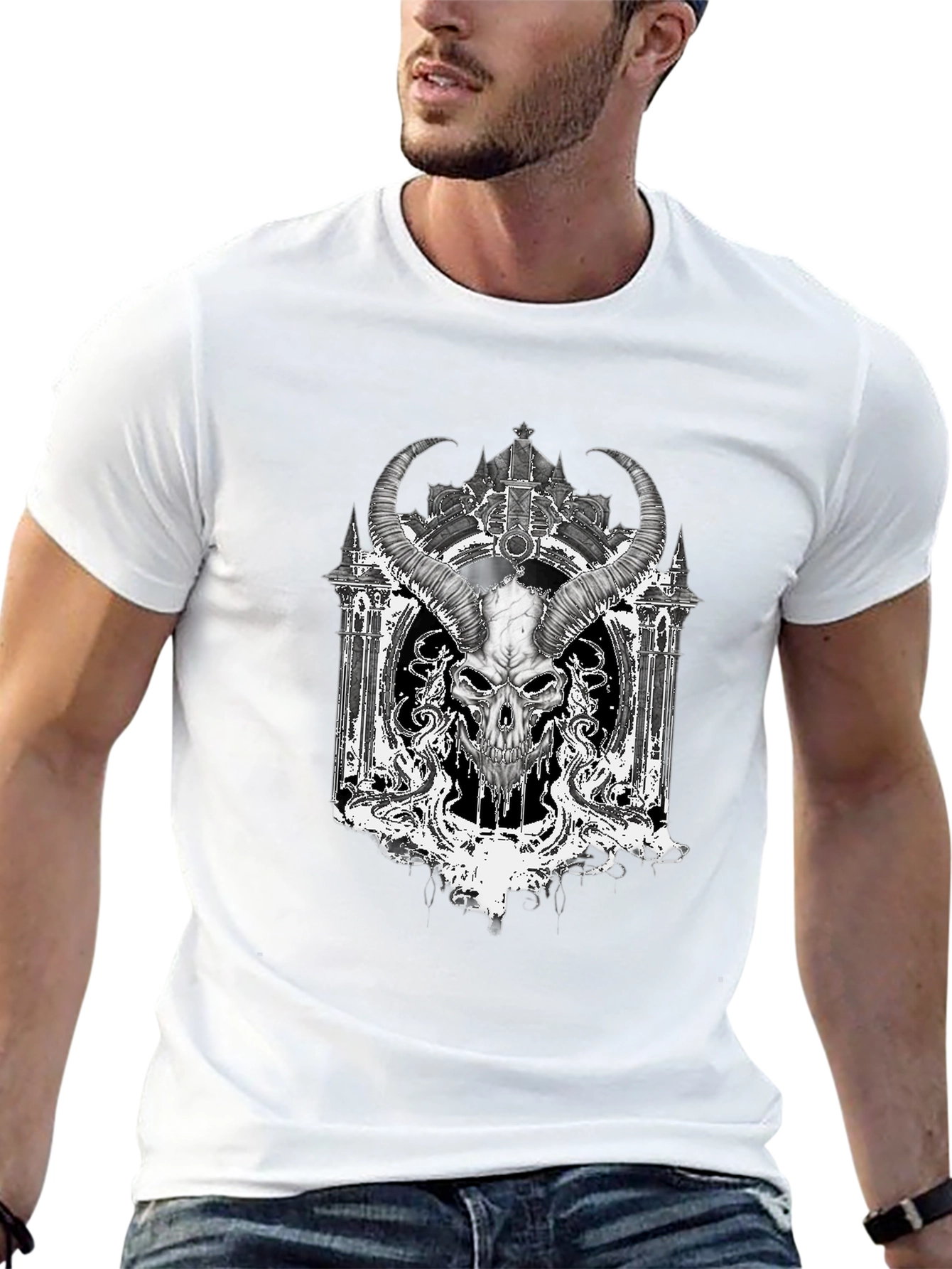 Skull Horned T-Shirt - Gothic Design