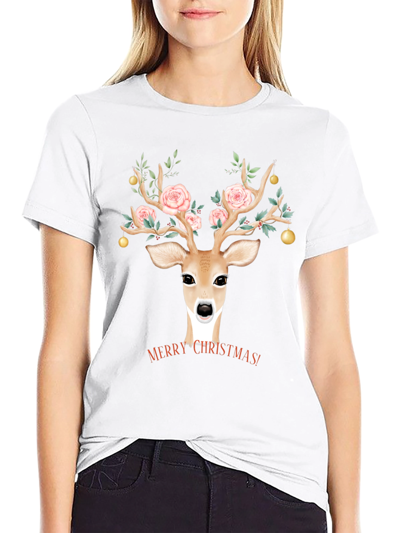 Christmas Deer Floral Antlers Graphic Tee