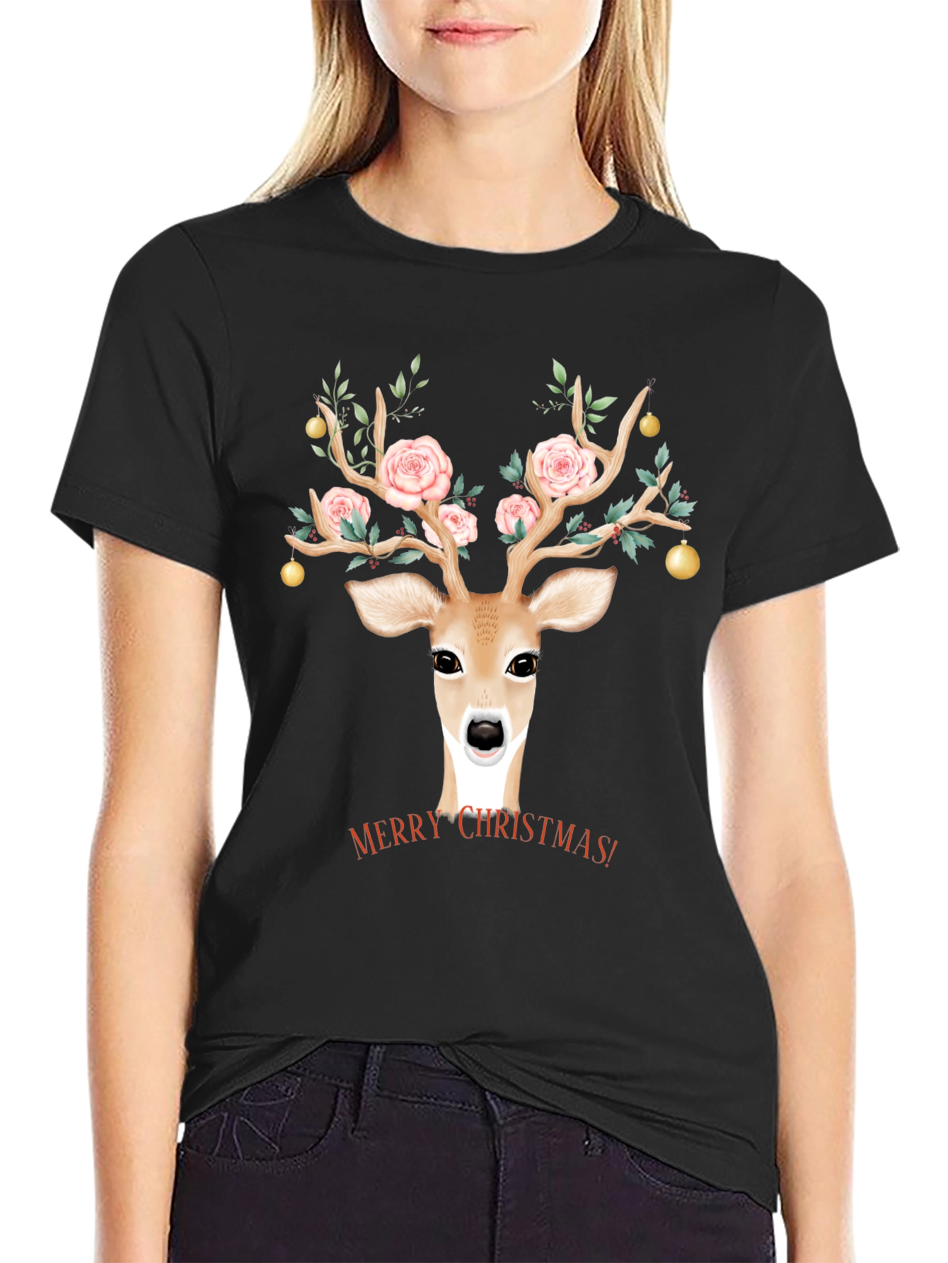 Christmas Deer Floral Antlers Graphic Tee