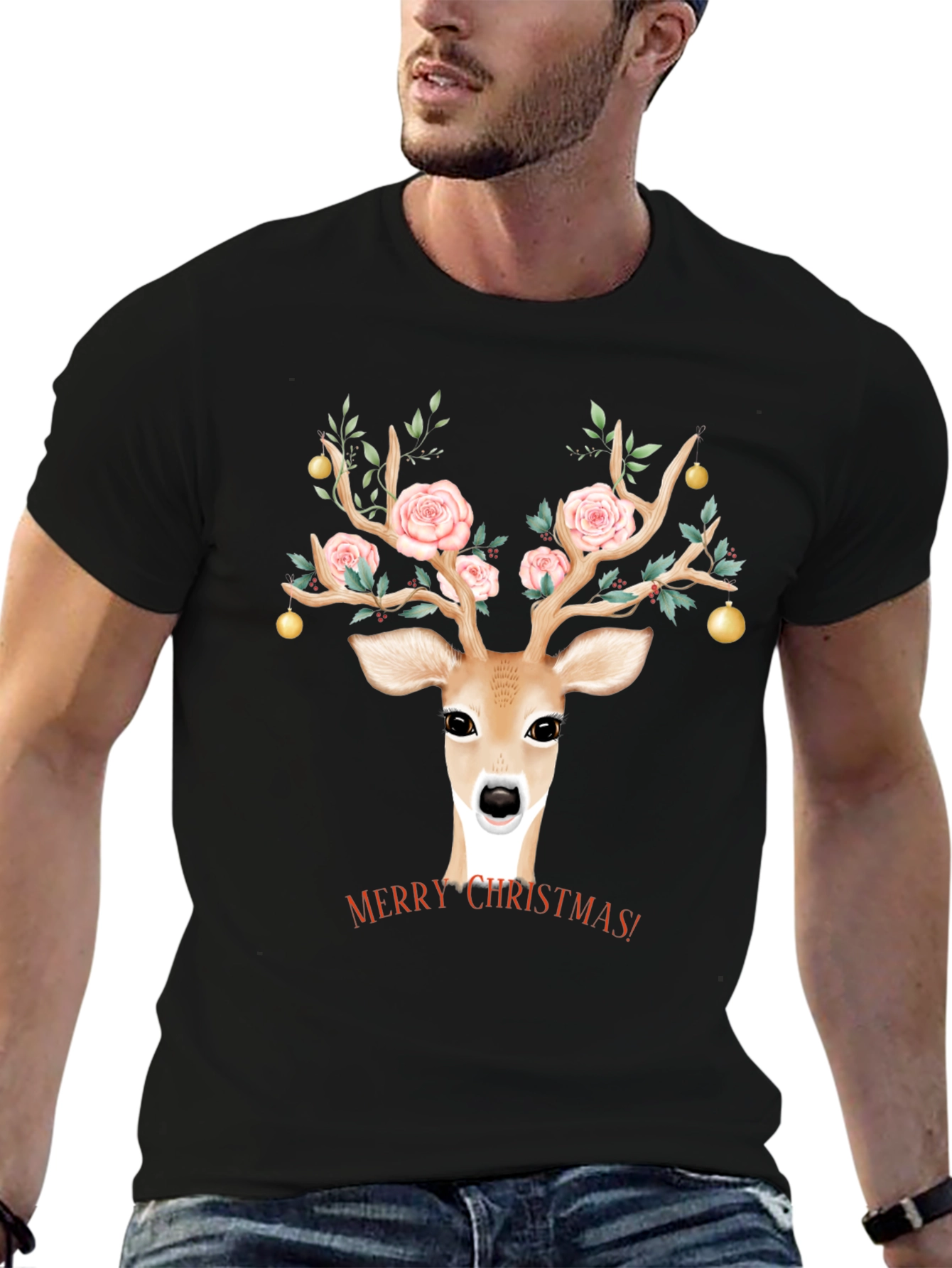 Christmas Deer Floral Antlers Graphic Tee