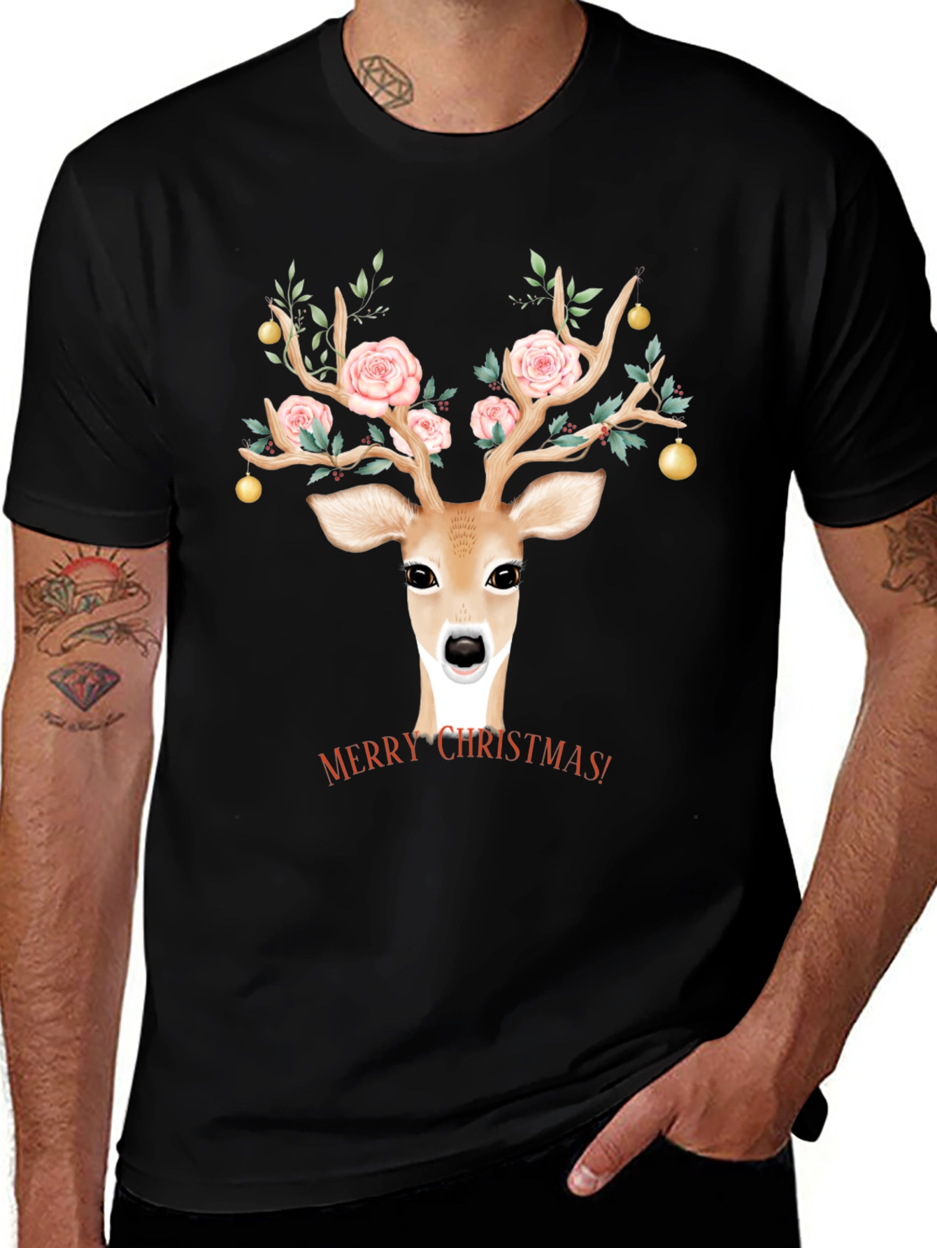 Christmas Deer Floral Antlers Graphic Tee