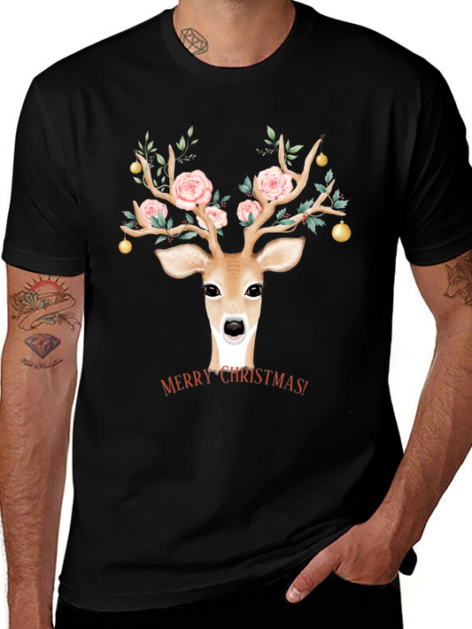 Christmas Deer Floral Antlers Graphic Tee