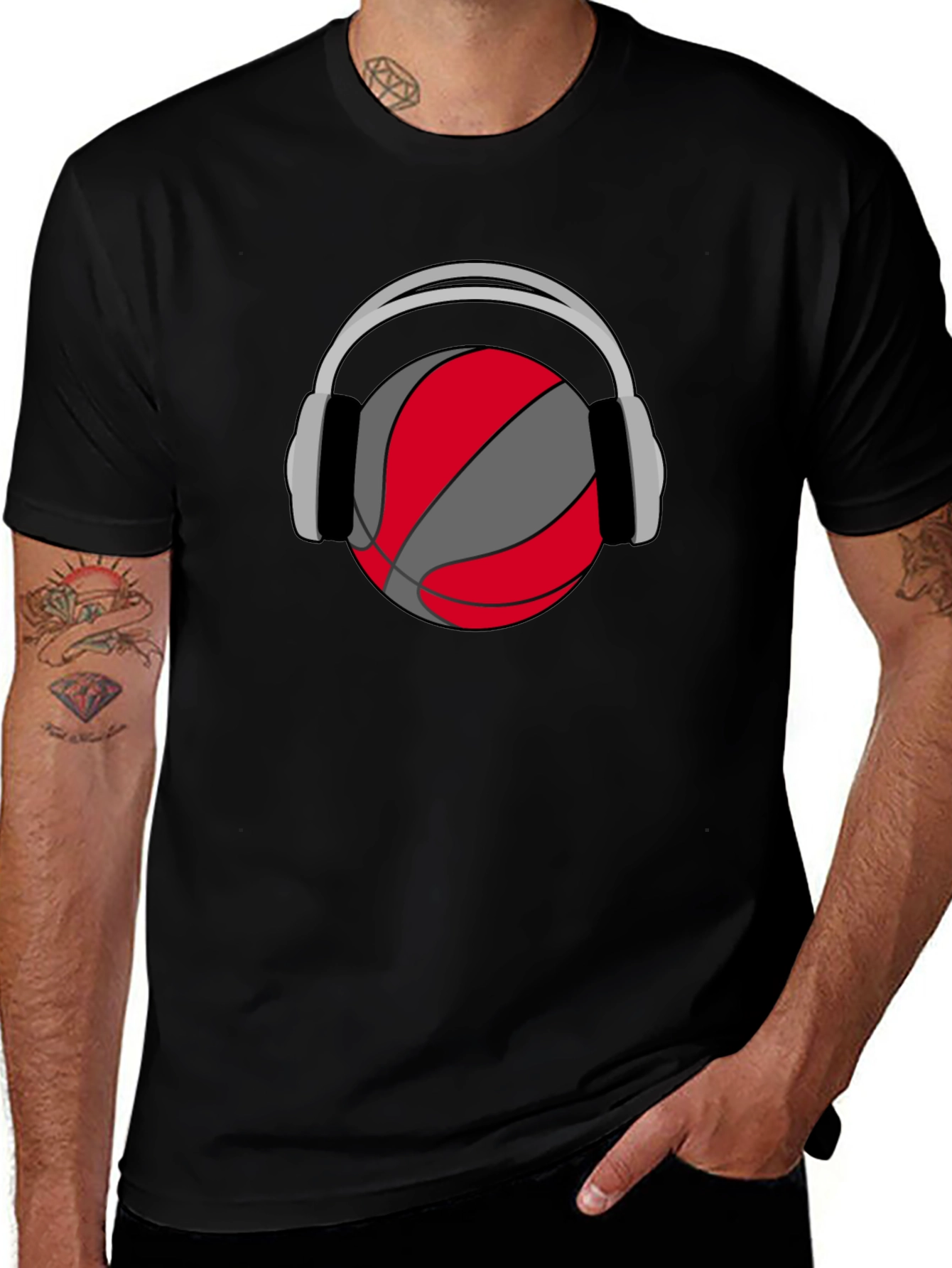 Basketball Headphones Graphic Tee - Black Cotton T-Shirt