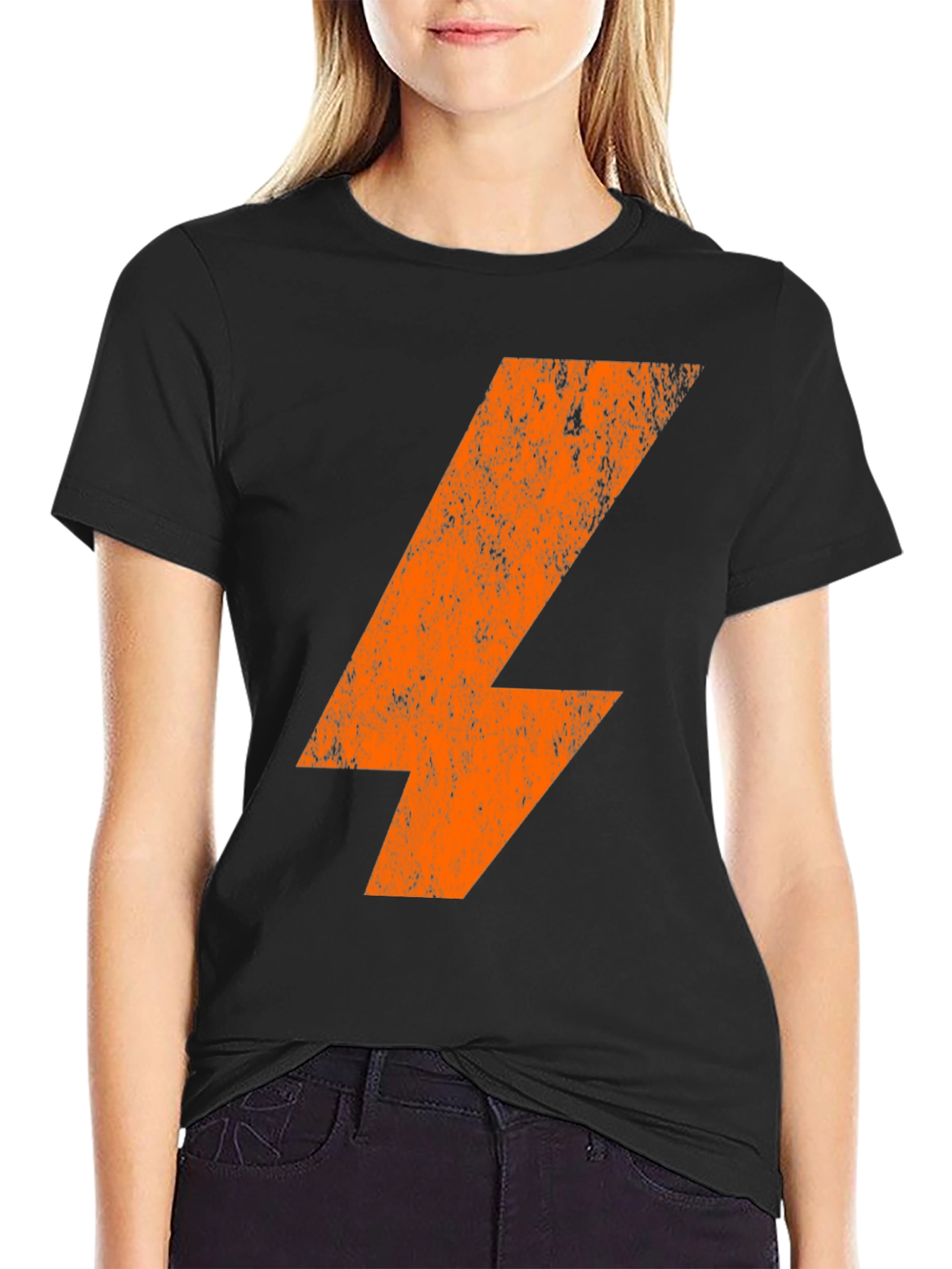 Orange Lightning Bolt Graphic Print Black T-Shirt