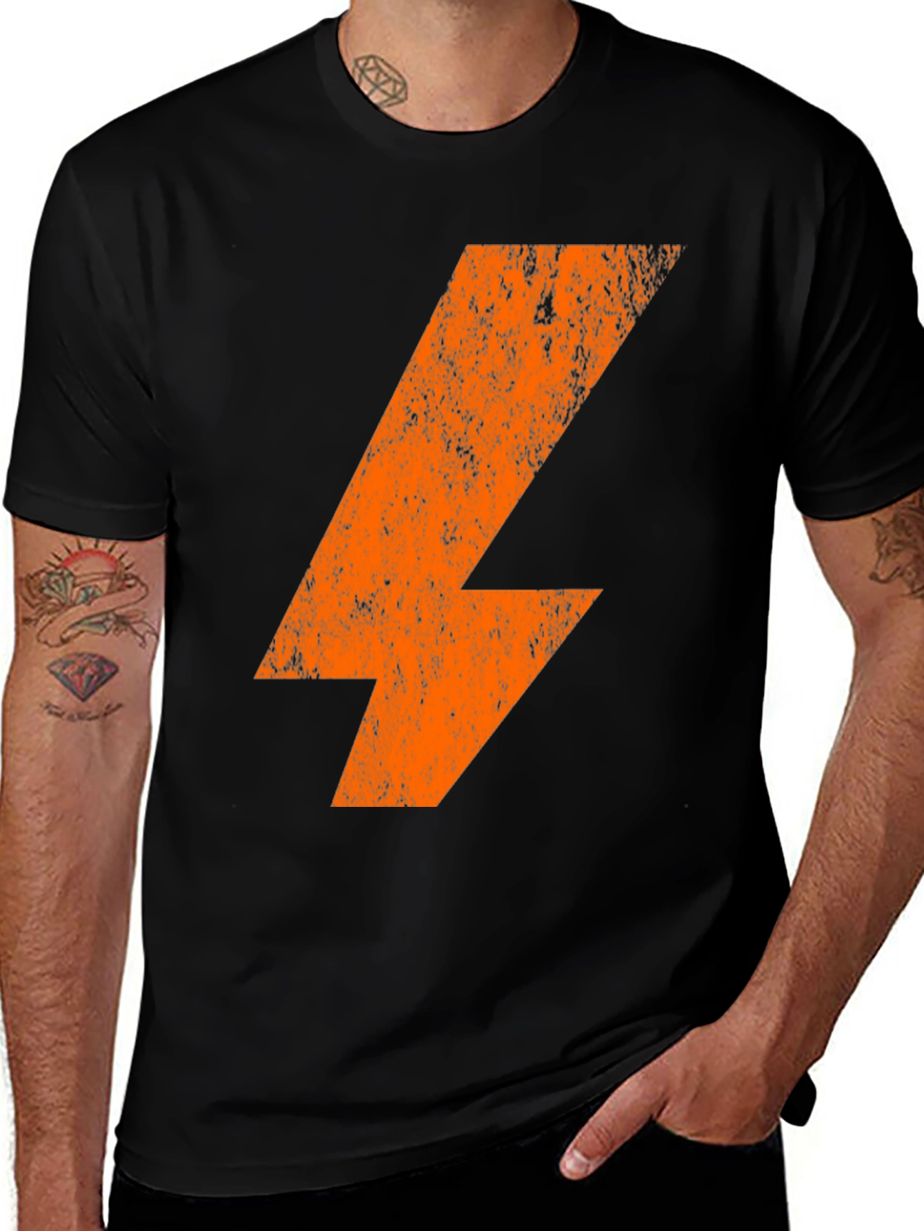 Orange Lightning Bolt Graphic Print Black T-Shirt