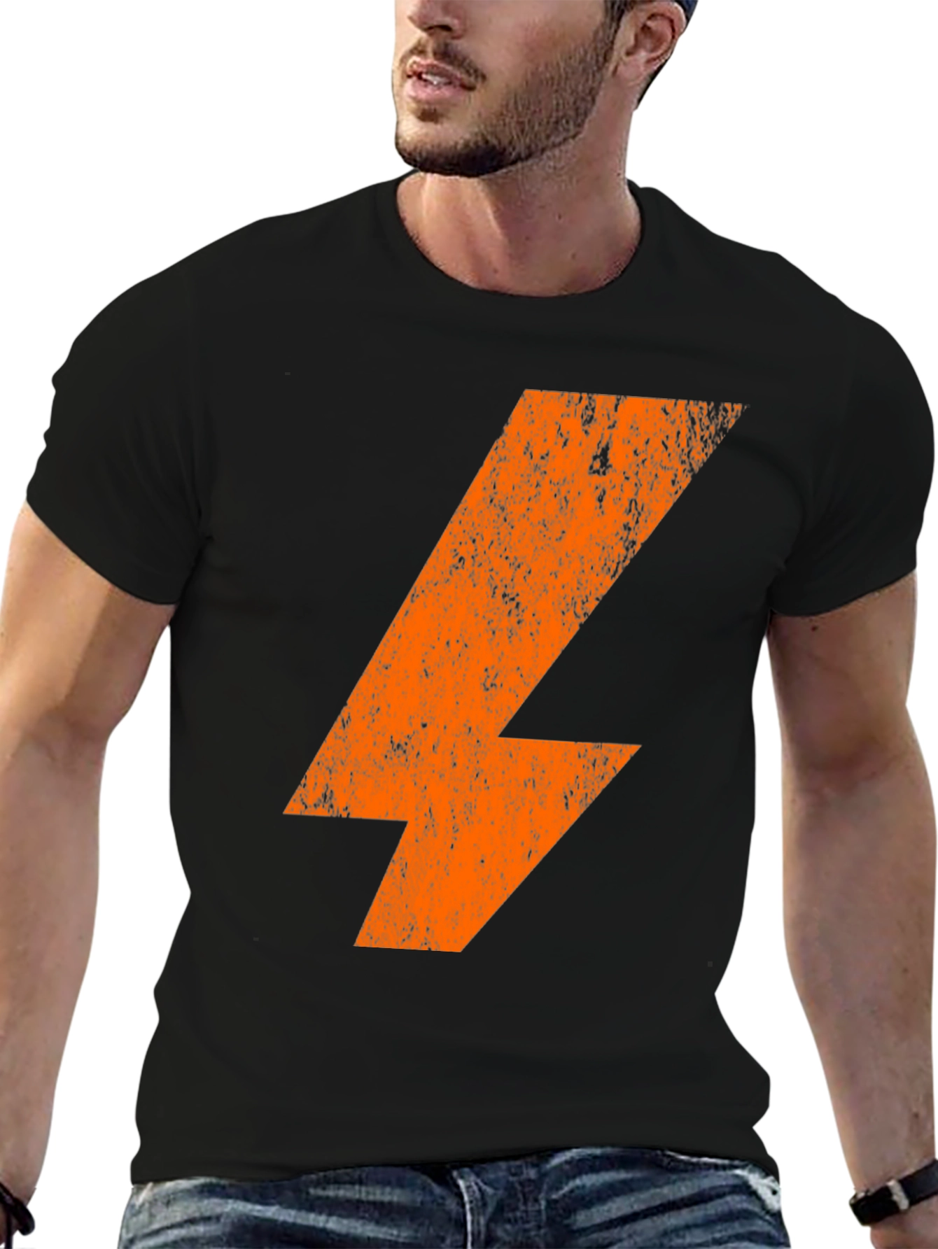 Orange Lightning Bolt Graphic Print Black T-Shirt