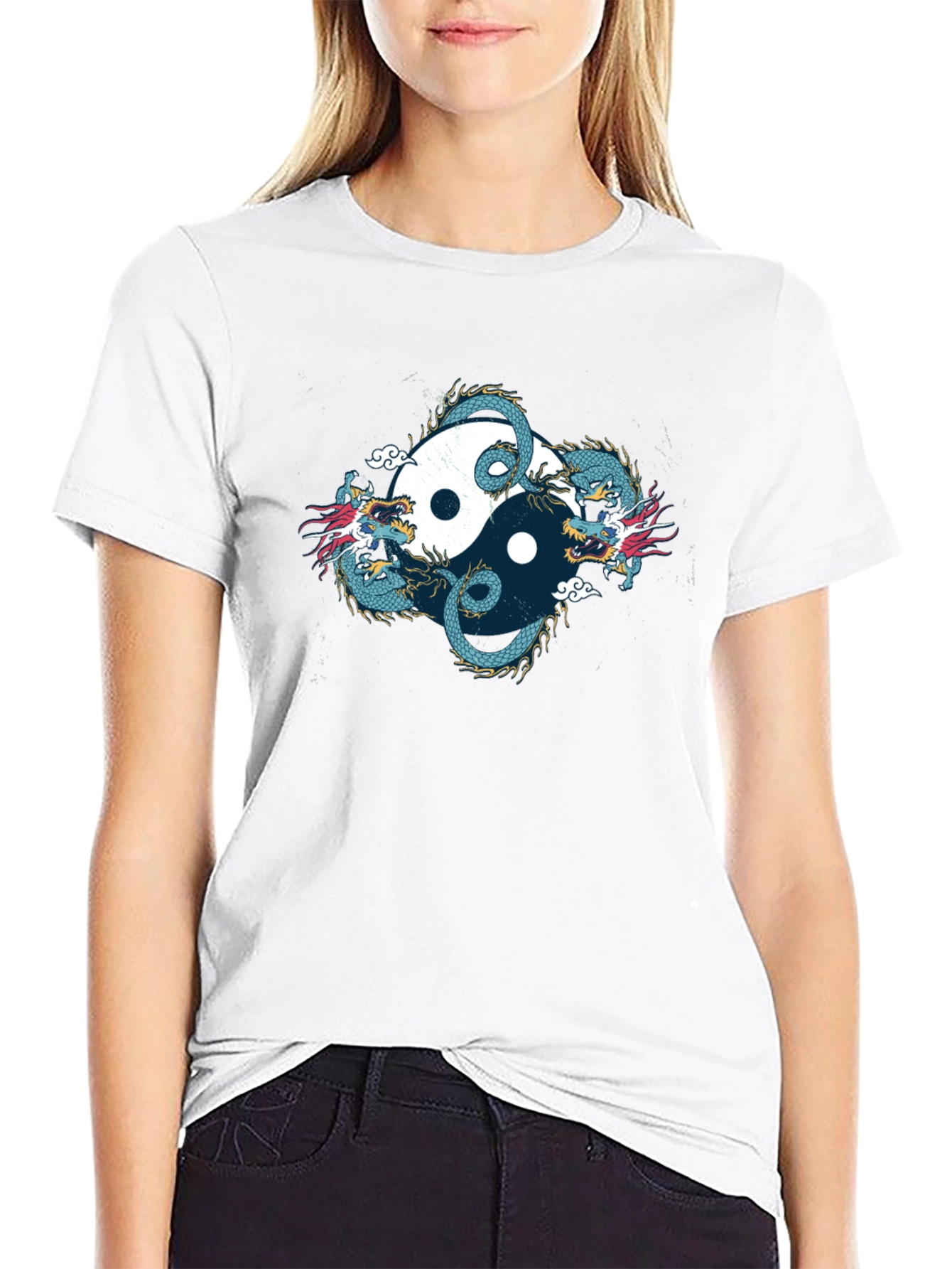 Yin Yang Dragon Graphic Black T-Shirt