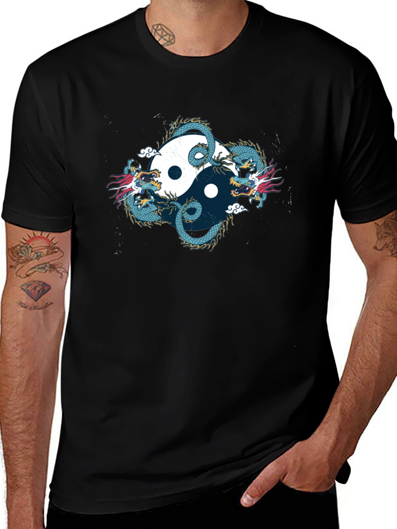 Yin Yang Dragon Graphic Black T-Shirt
