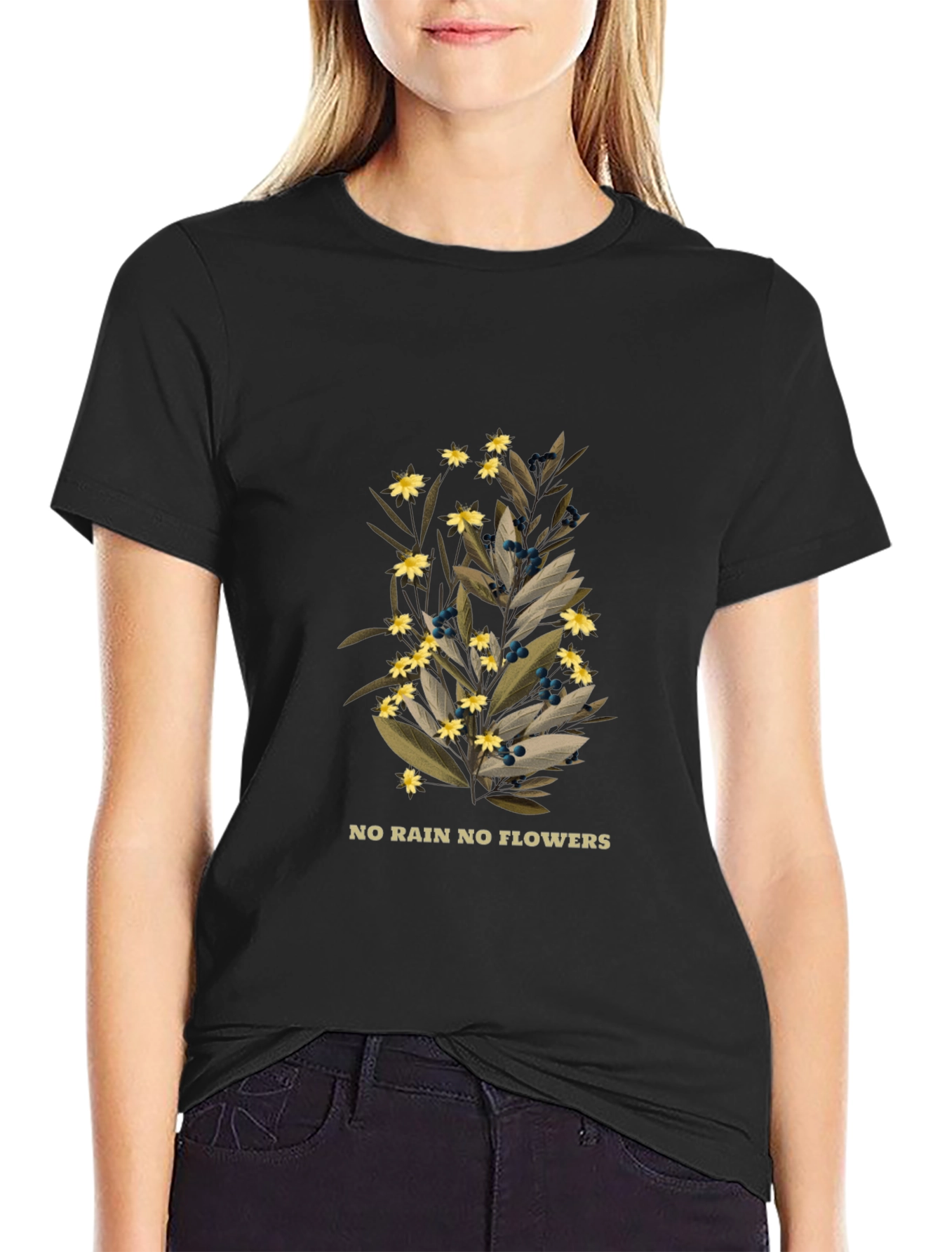 Botanical Black T-Shirt - No Rain No Flowers Graphic