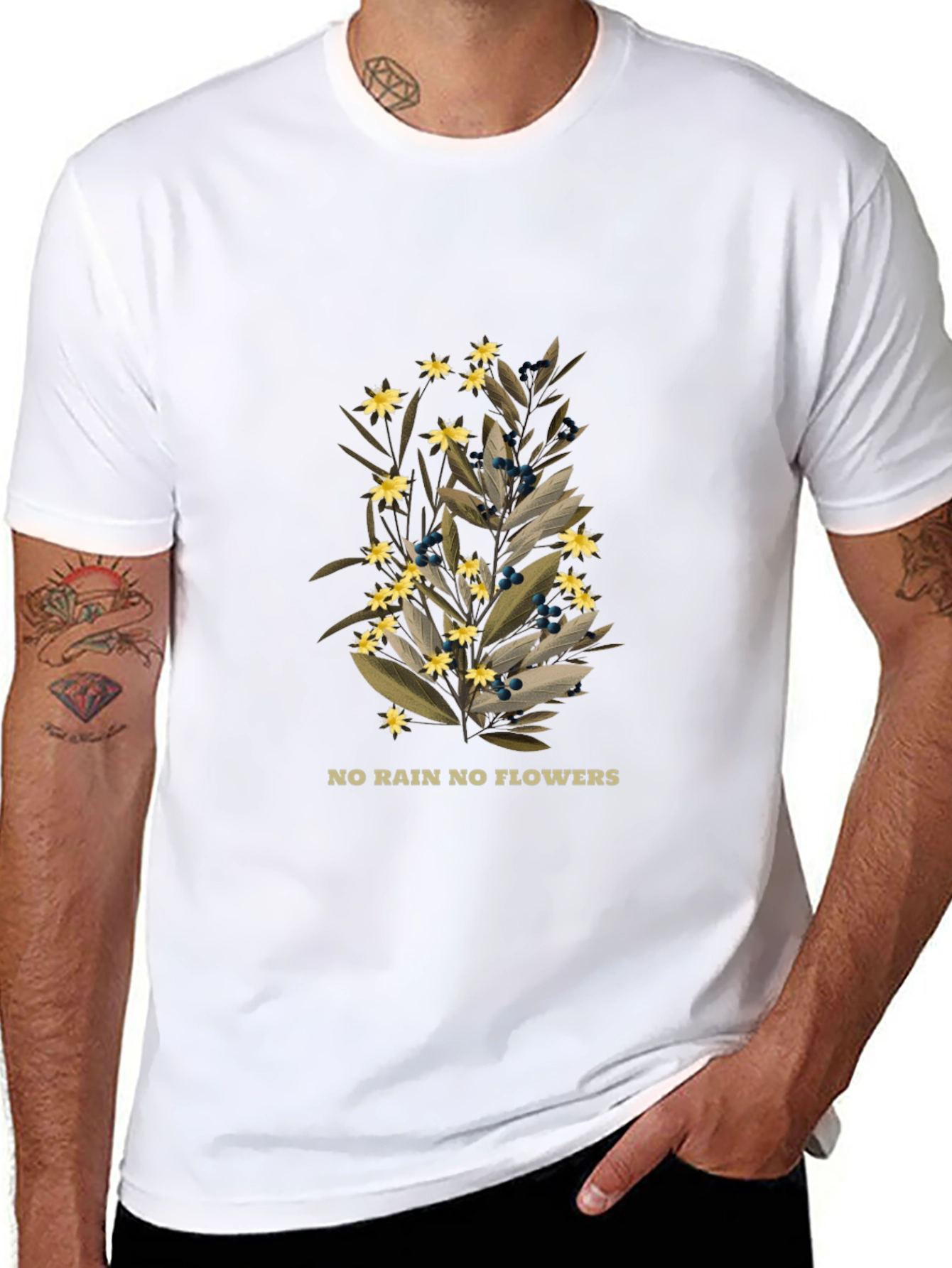 Botanical Black T-Shirt - No Rain No Flowers Graphic