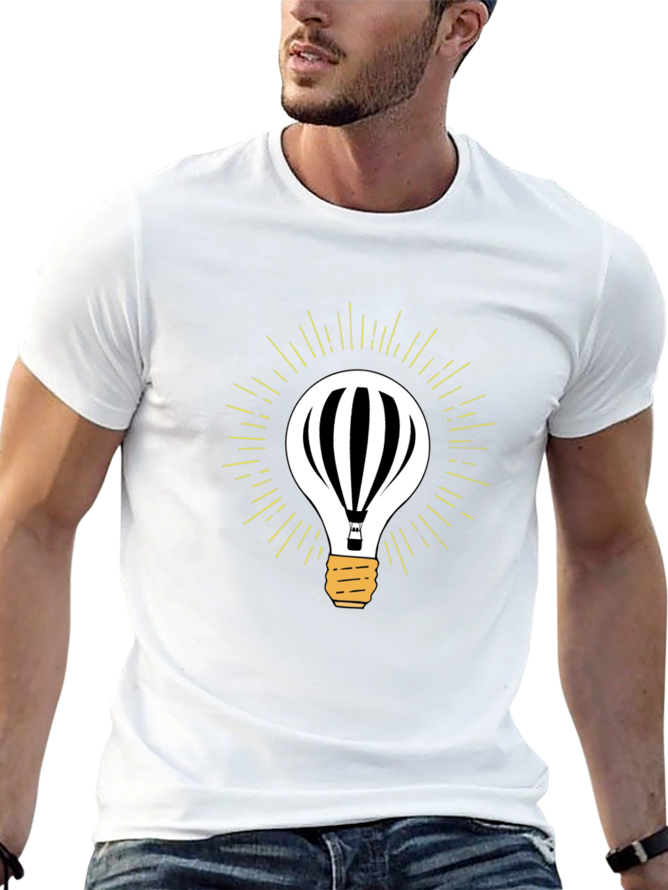 Mens Black Hot Air Balloon Light Bulb Graphic Tee