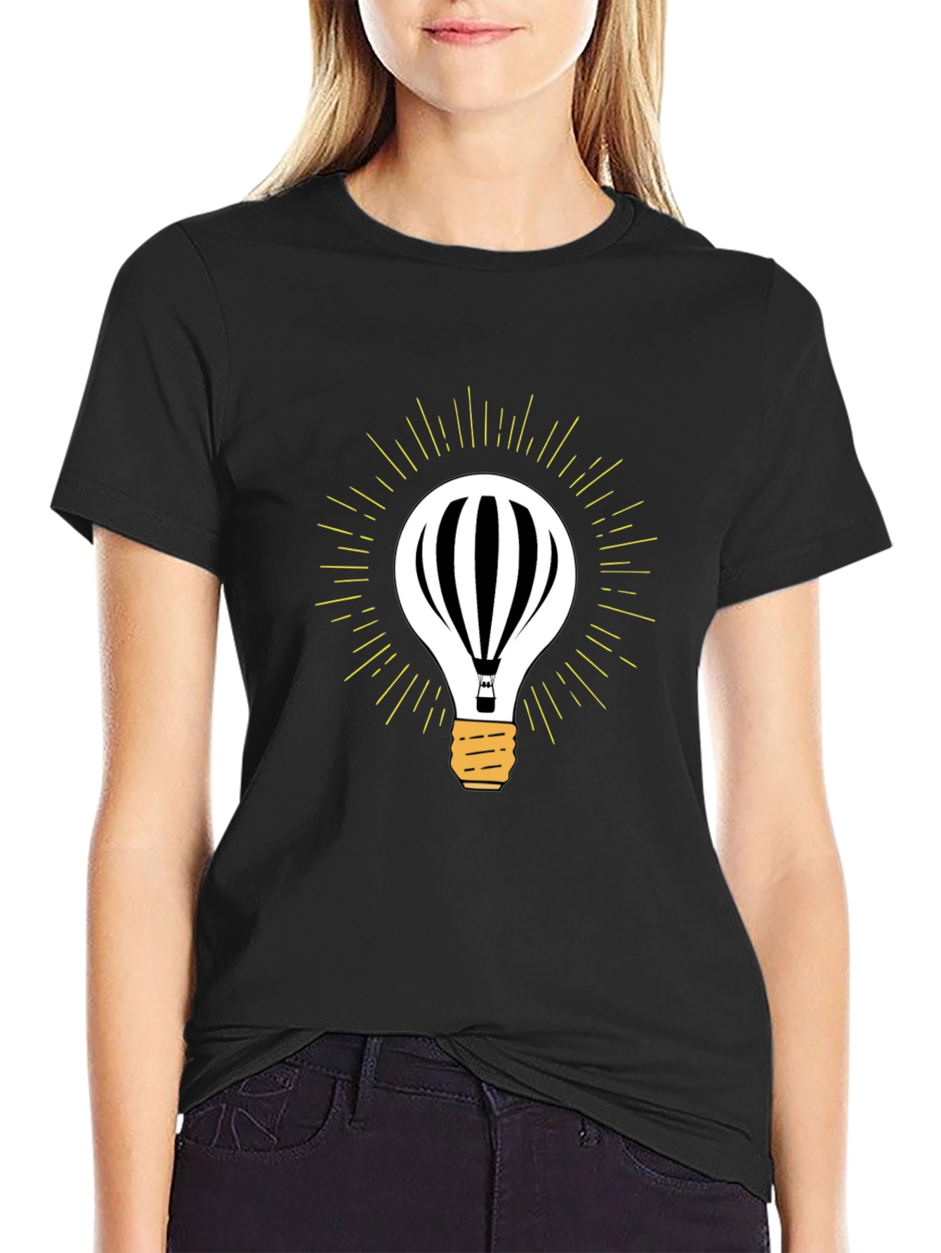 Mens Black Hot Air Balloon Light Bulb Graphic Tee