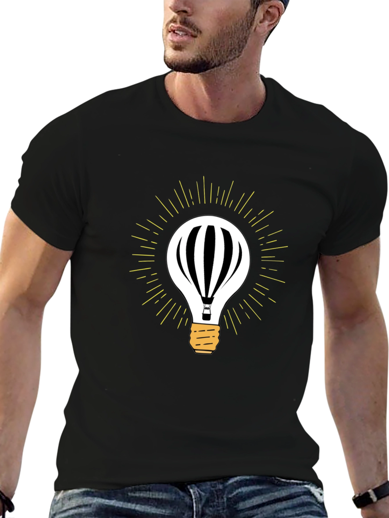 Mens Black Hot Air Balloon Light Bulb Graphic Tee