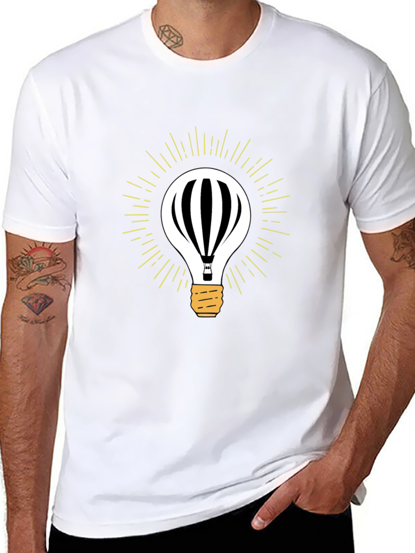 Mens Black Hot Air Balloon Light Bulb Graphic Tee