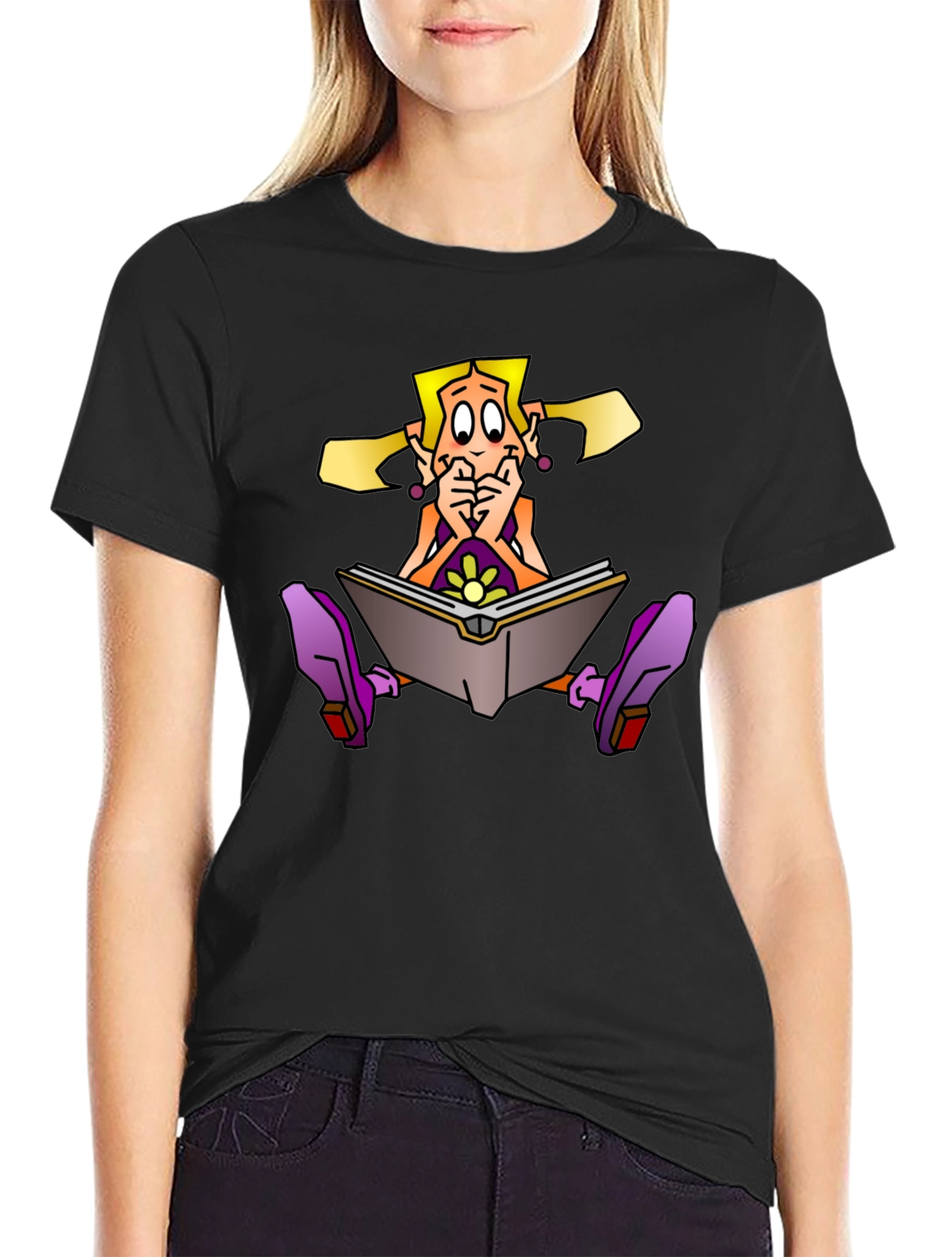 Cartoon Girl Reading Book on Black T-Shirt