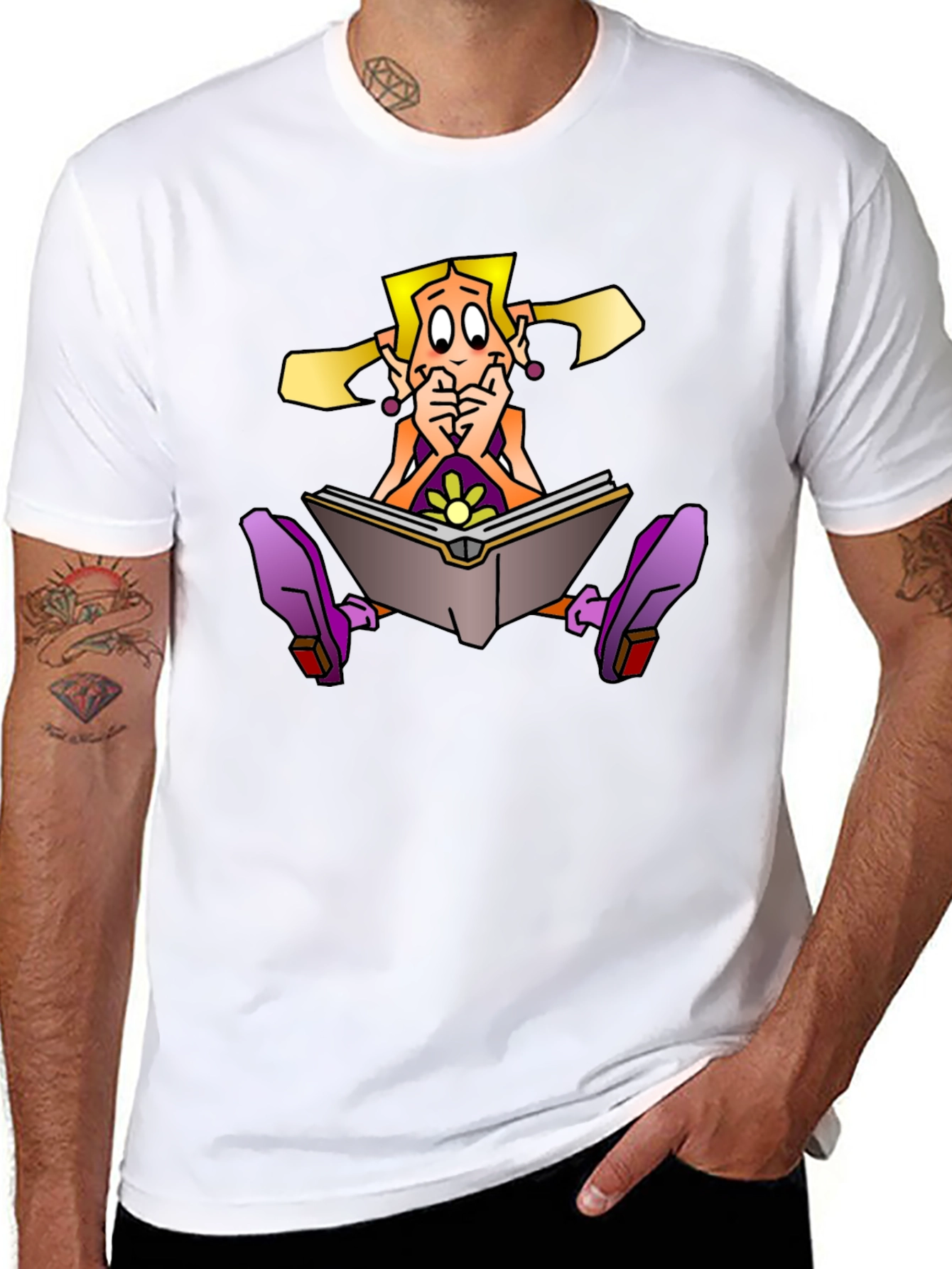 Cartoon Girl Reading Book on Black T-Shirt