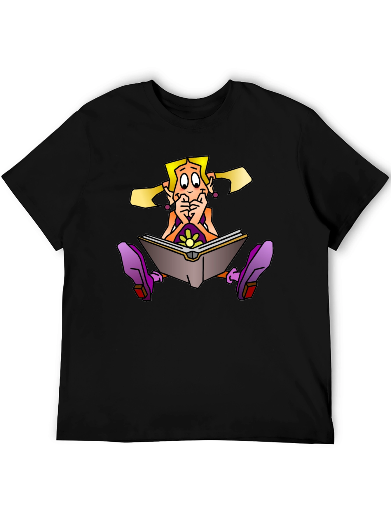 Cartoon Girl Reading Book on Black T-Shirt