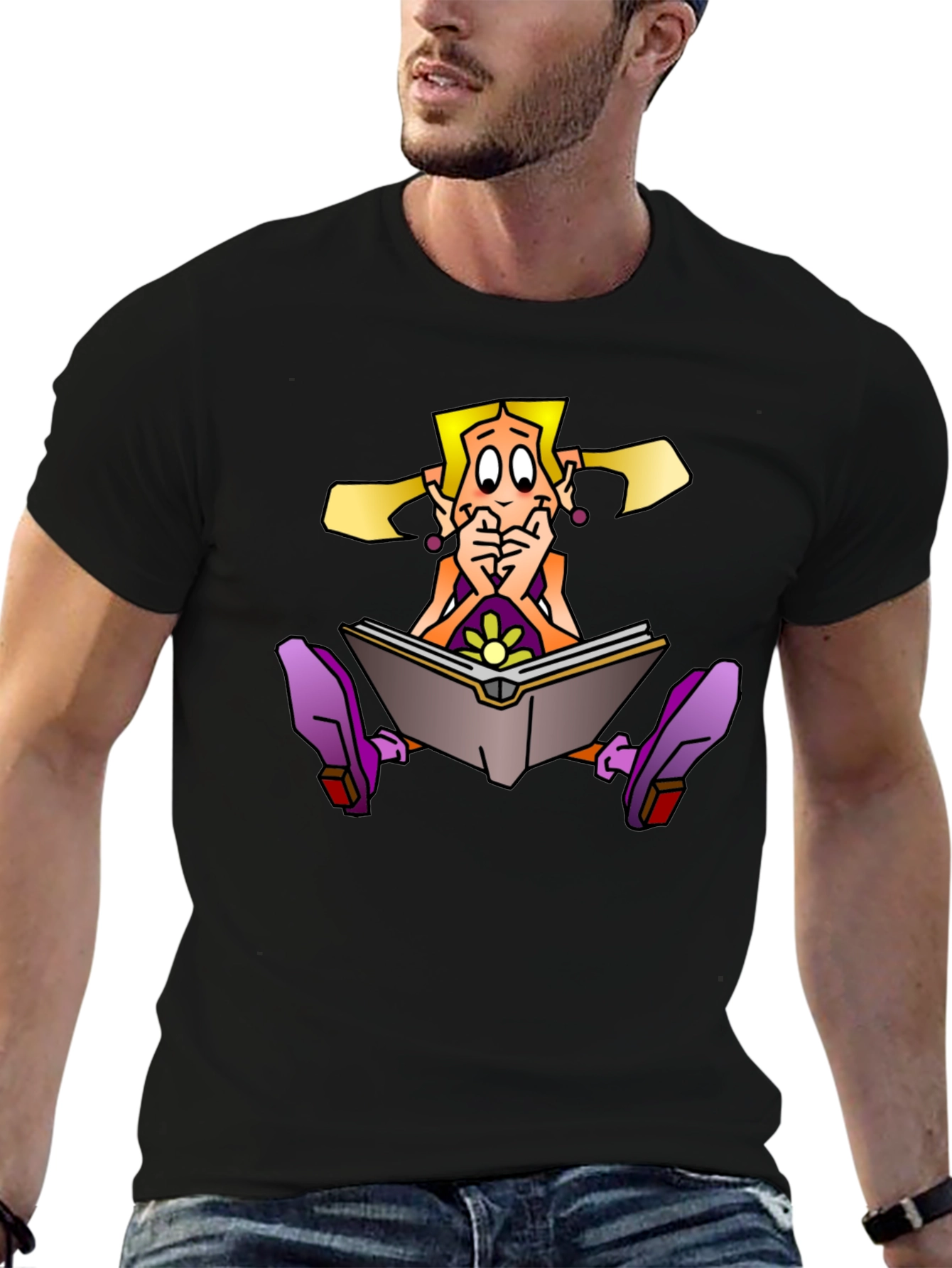 Cartoon Girl Reading Book on Black T-Shirt