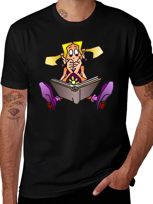 Cartoon Girl Reading Book on Black T-Shirt