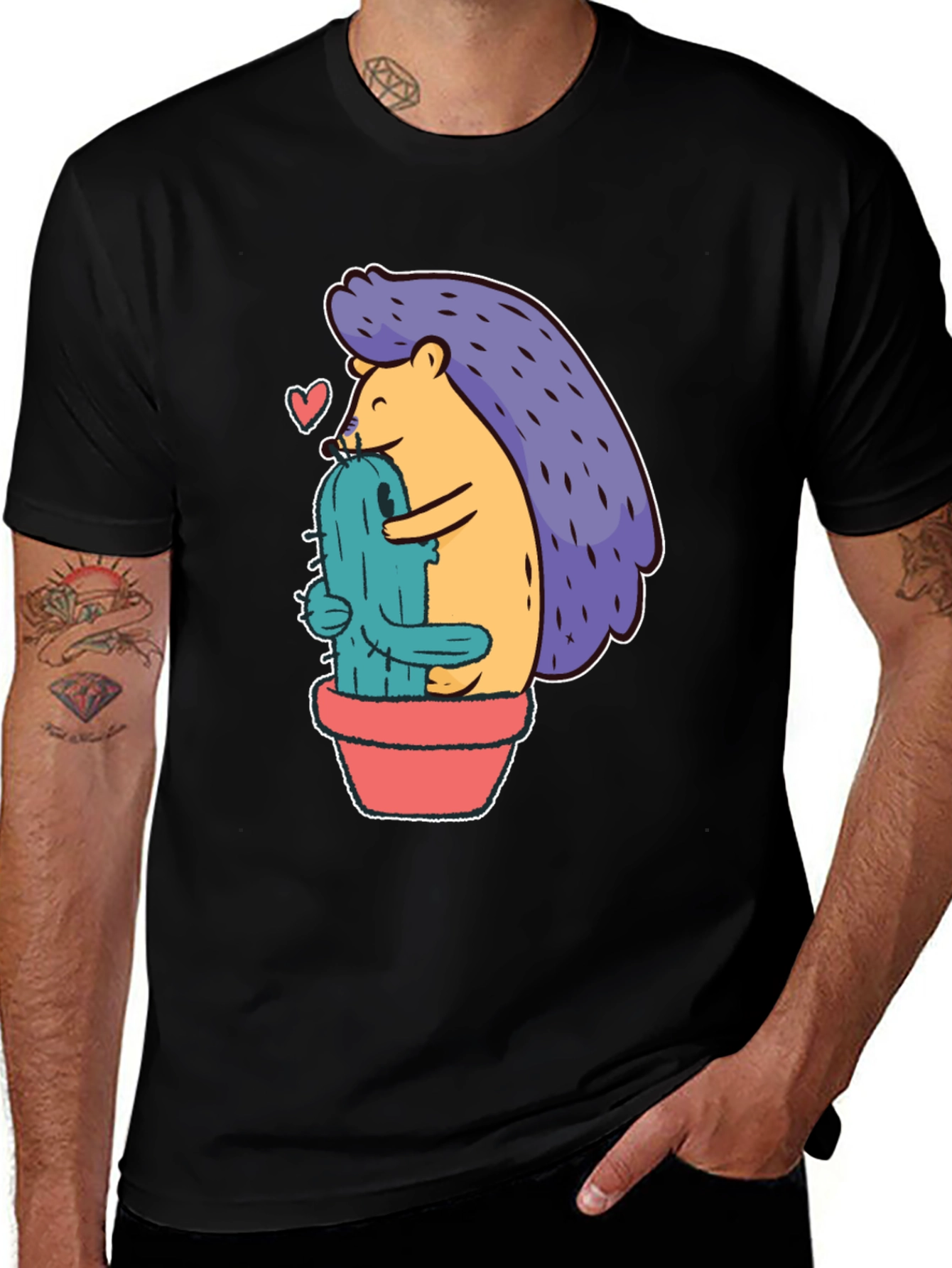 Cute Hedgehog Hugging Cactus Graphic Tee - Unisex