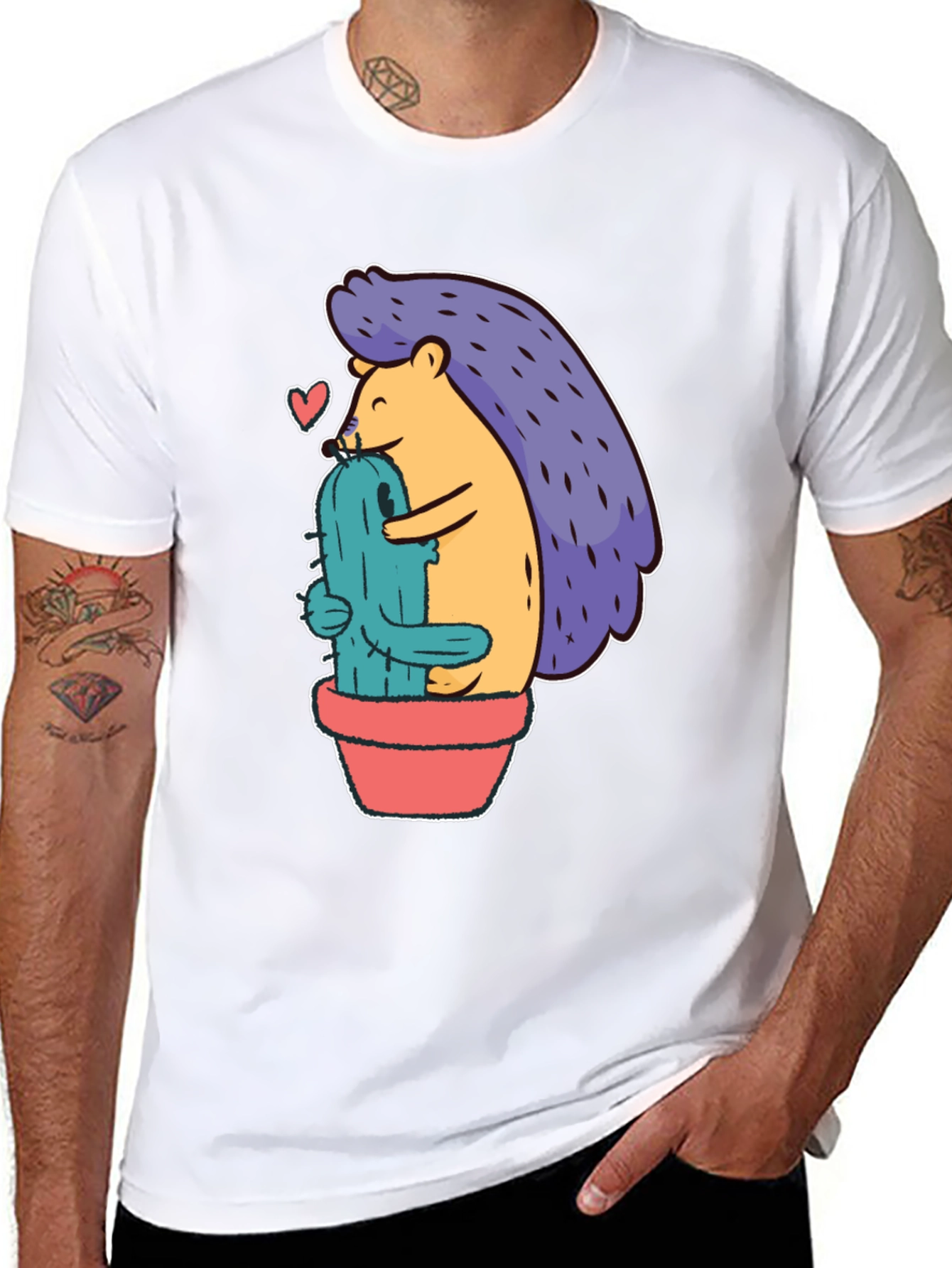 Cute Hedgehog Hugging Cactus Graphic Tee - Unisex