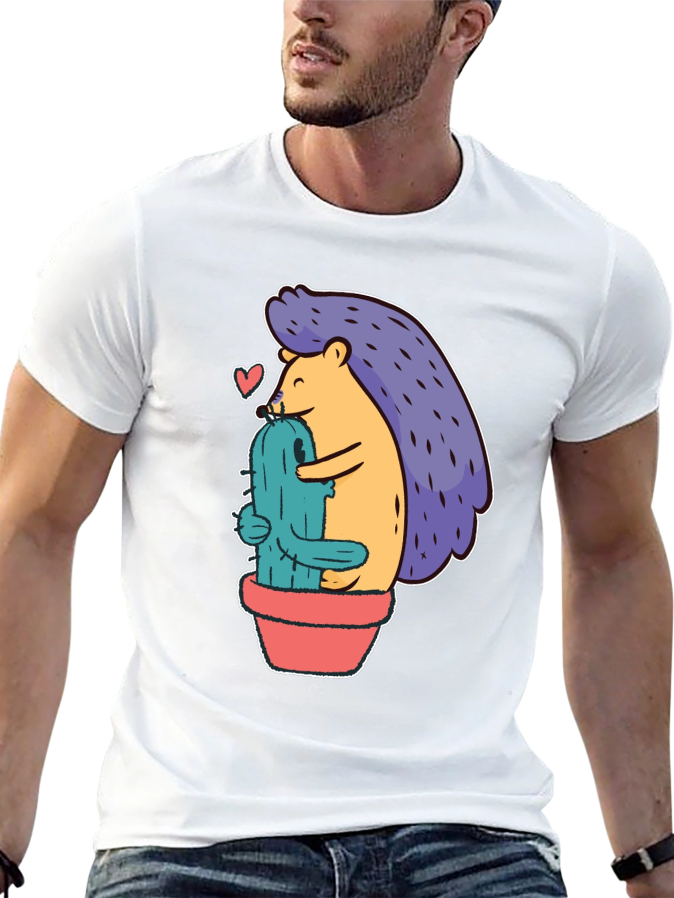 Cute Hedgehog Hugging Cactus Graphic Tee - Unisex