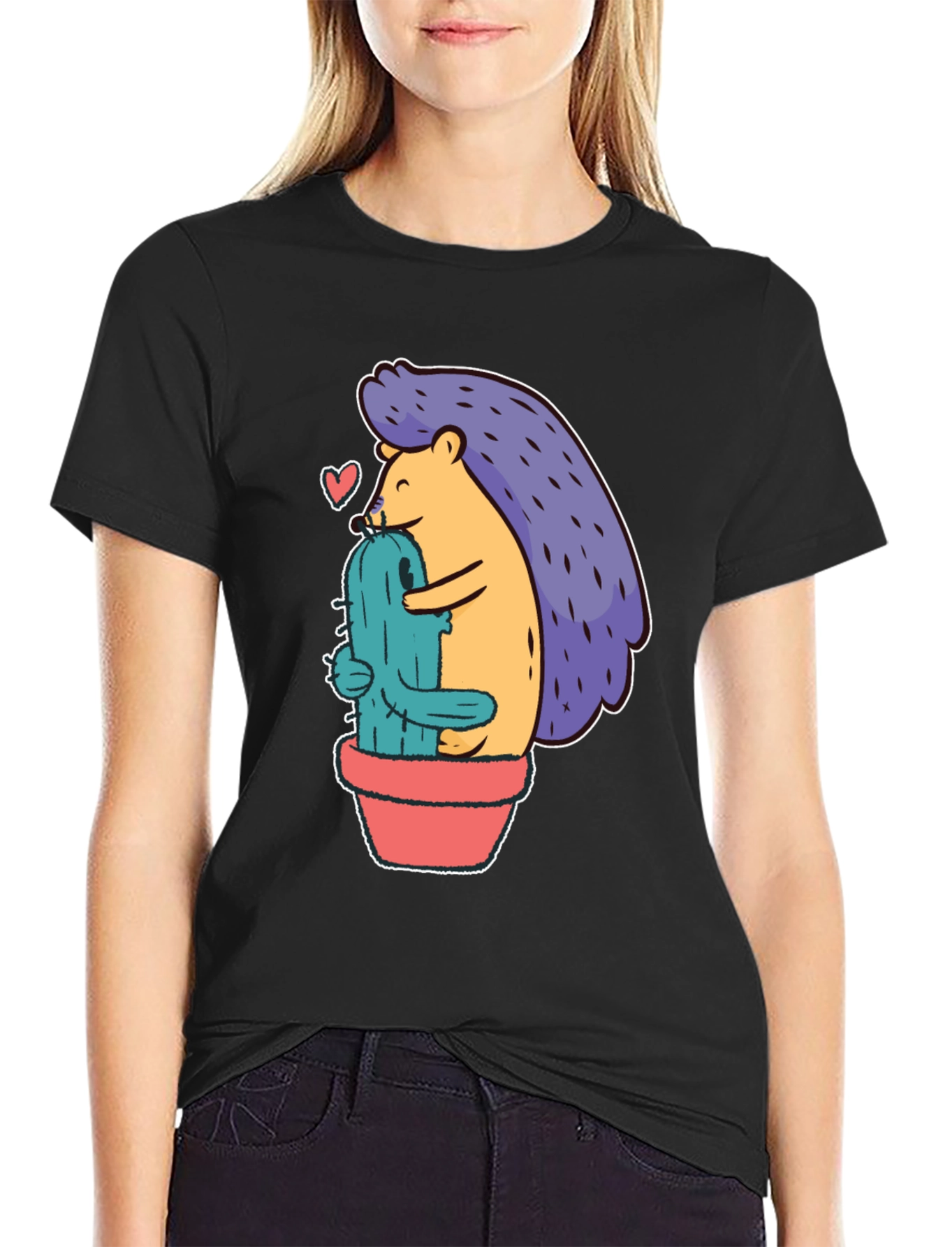 Cute Hedgehog Hugging Cactus Graphic Tee - Unisex