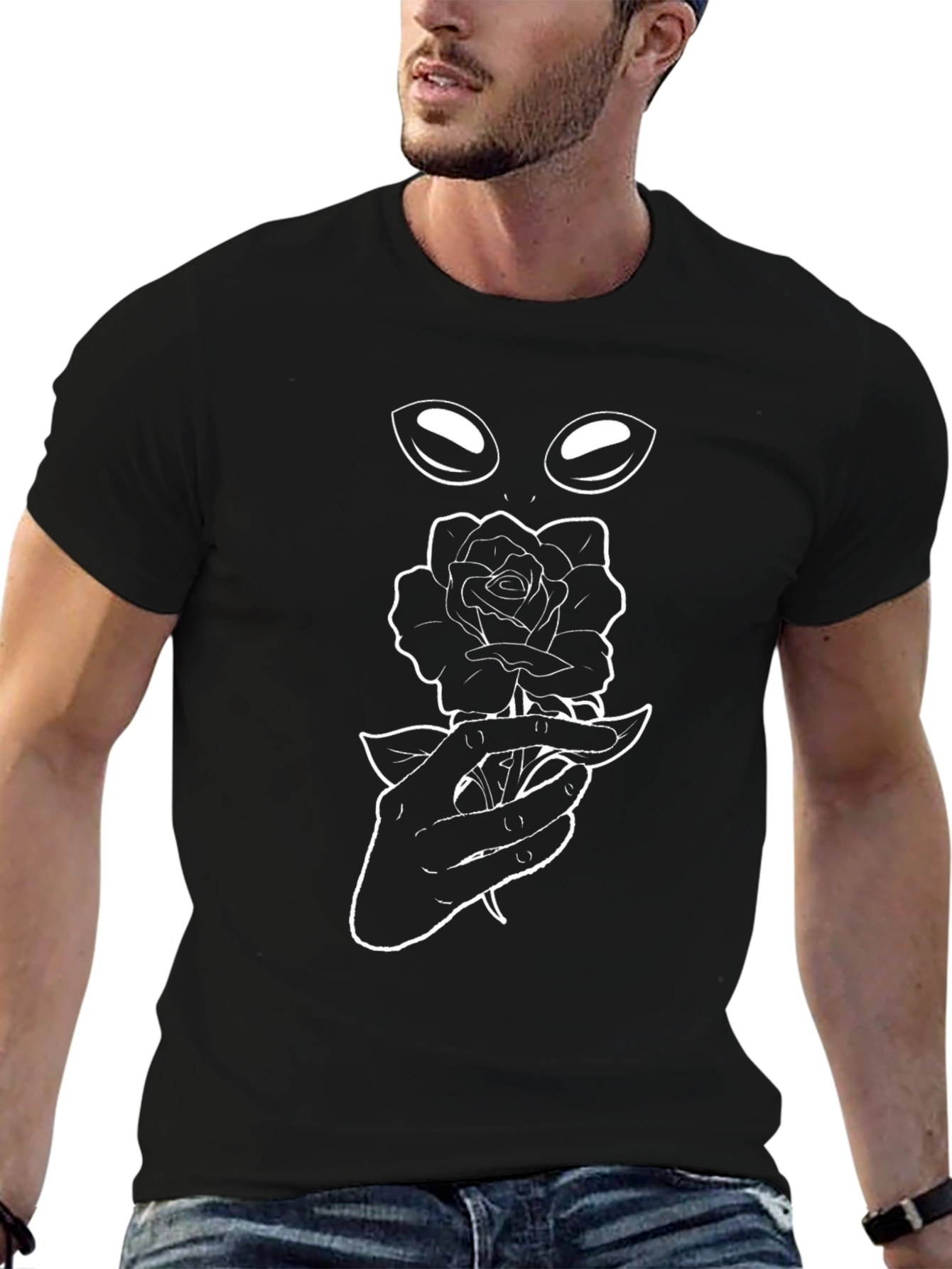 Alien Rose Graphic Tee - Black Cotton T-Shirt