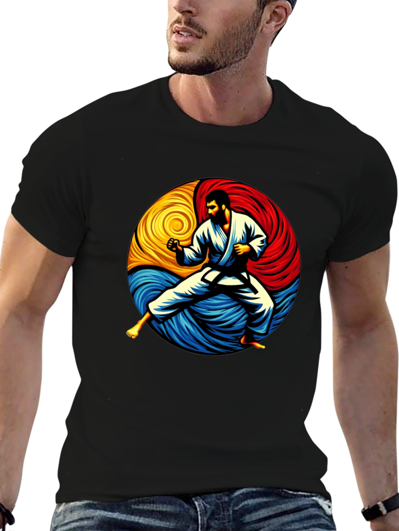Karate Yin Yang Graphic Tee - Black Cotton Shirt