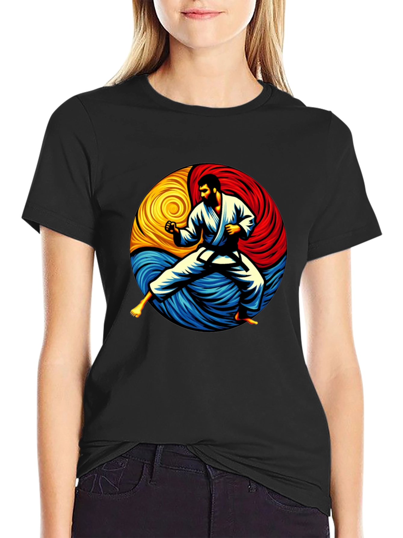 Karate Yin Yang Graphic Tee - Black Cotton Shirt