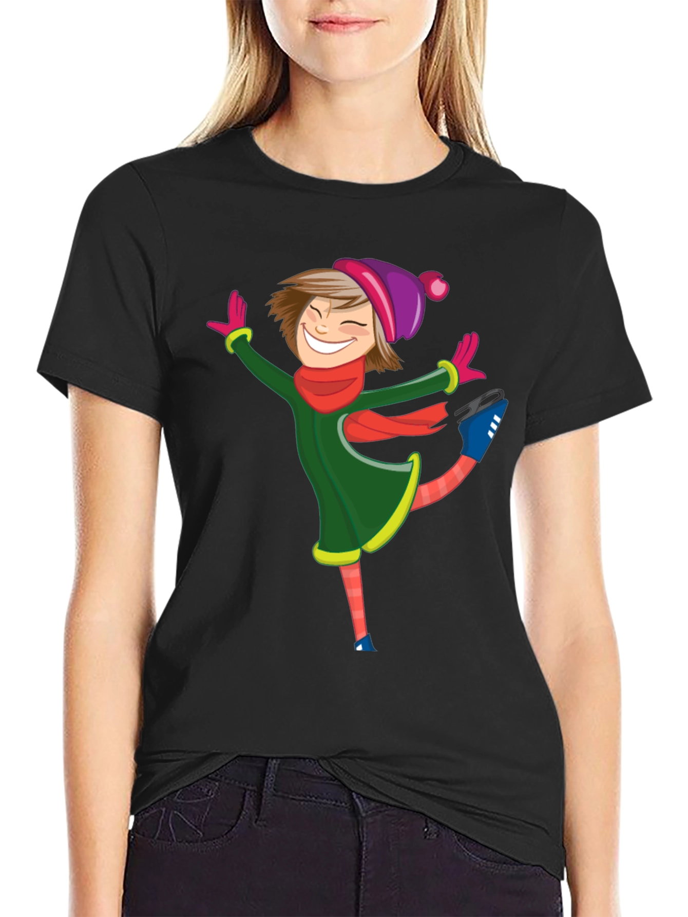 Skating Girl Graphic Tee - Black Cotton Blend Shirt
