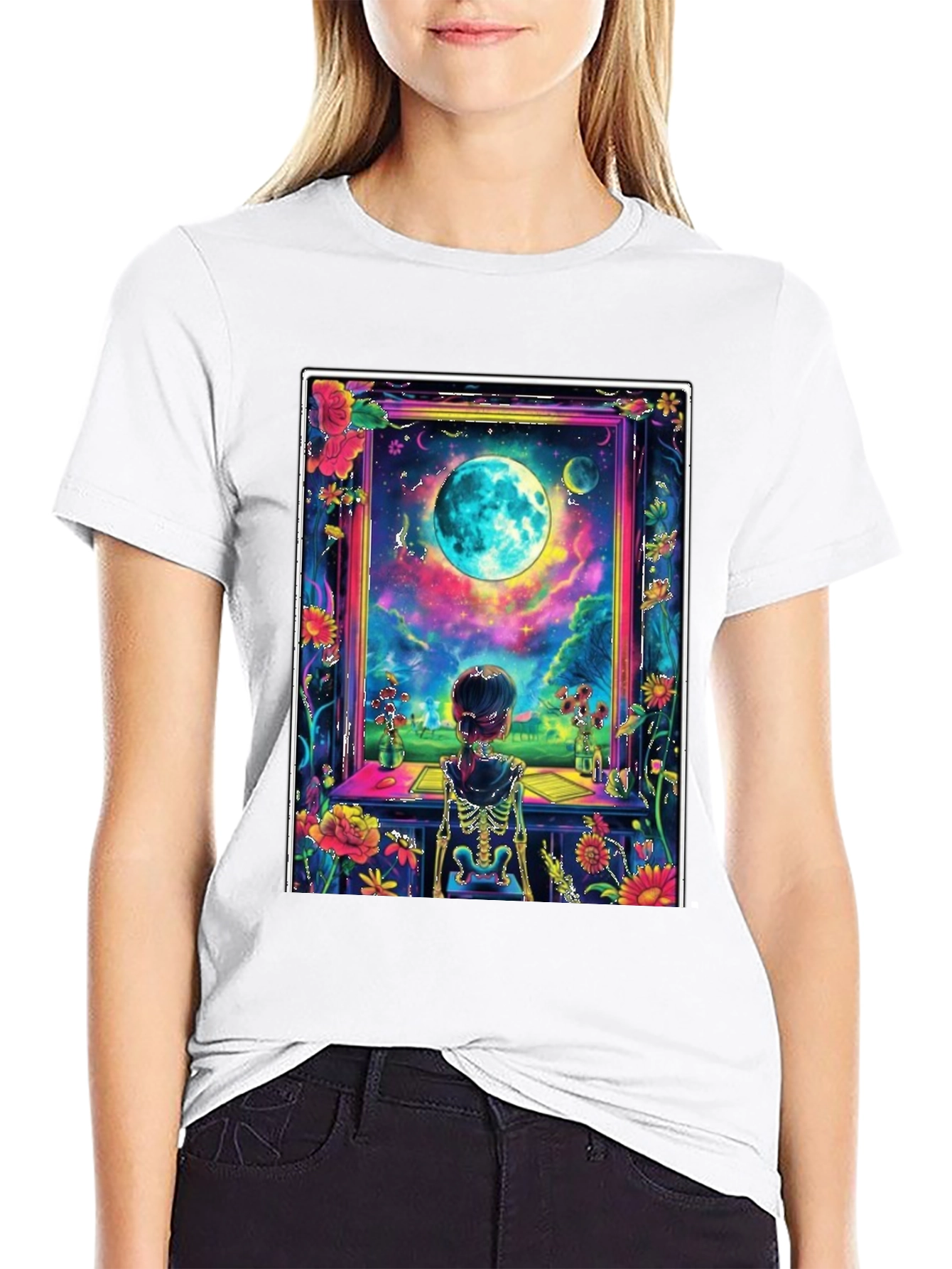 Floral Moon Window Skeleton Graphic Tee
