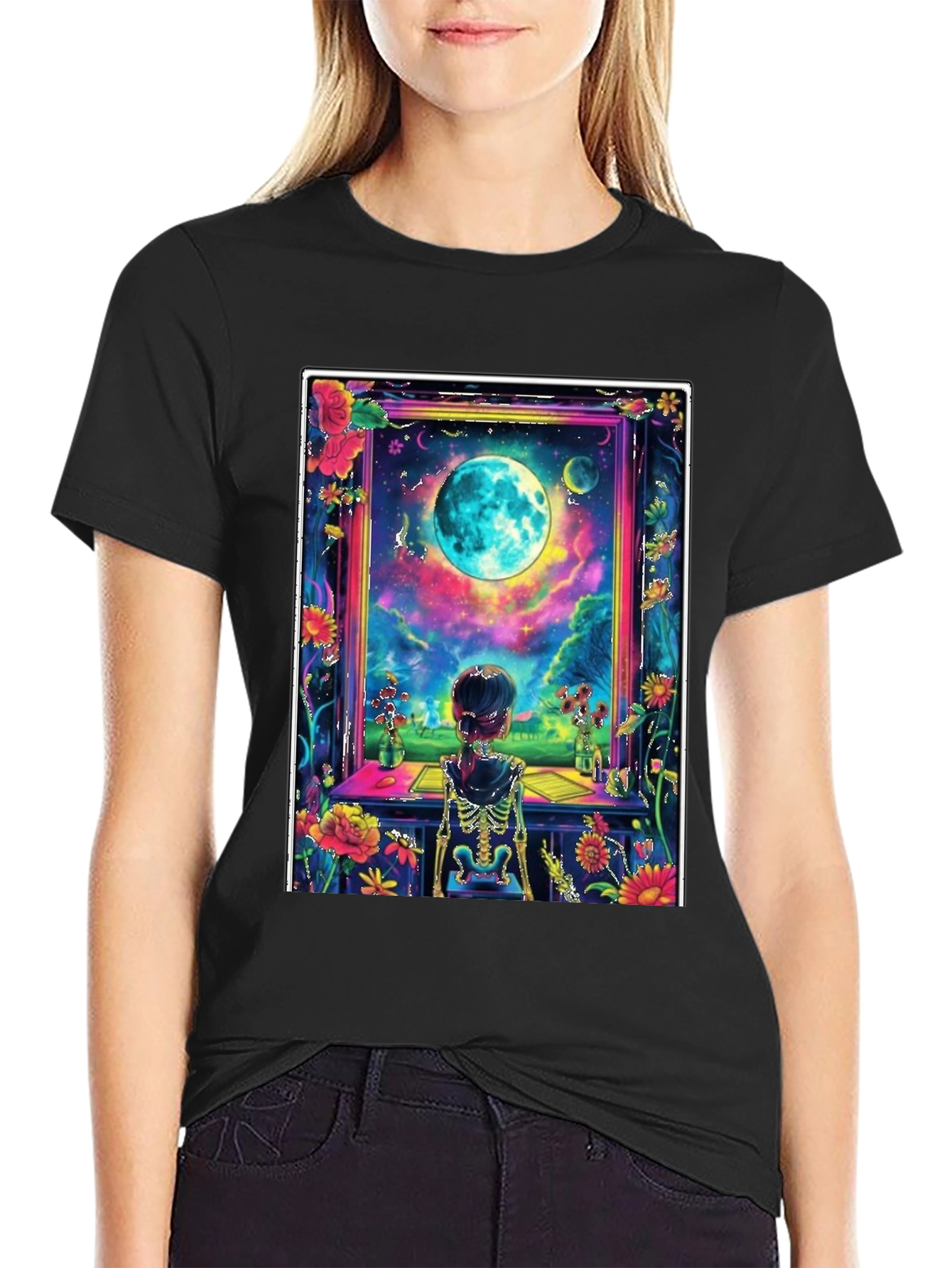 Floral Moon Window Skeleton Graphic Tee
