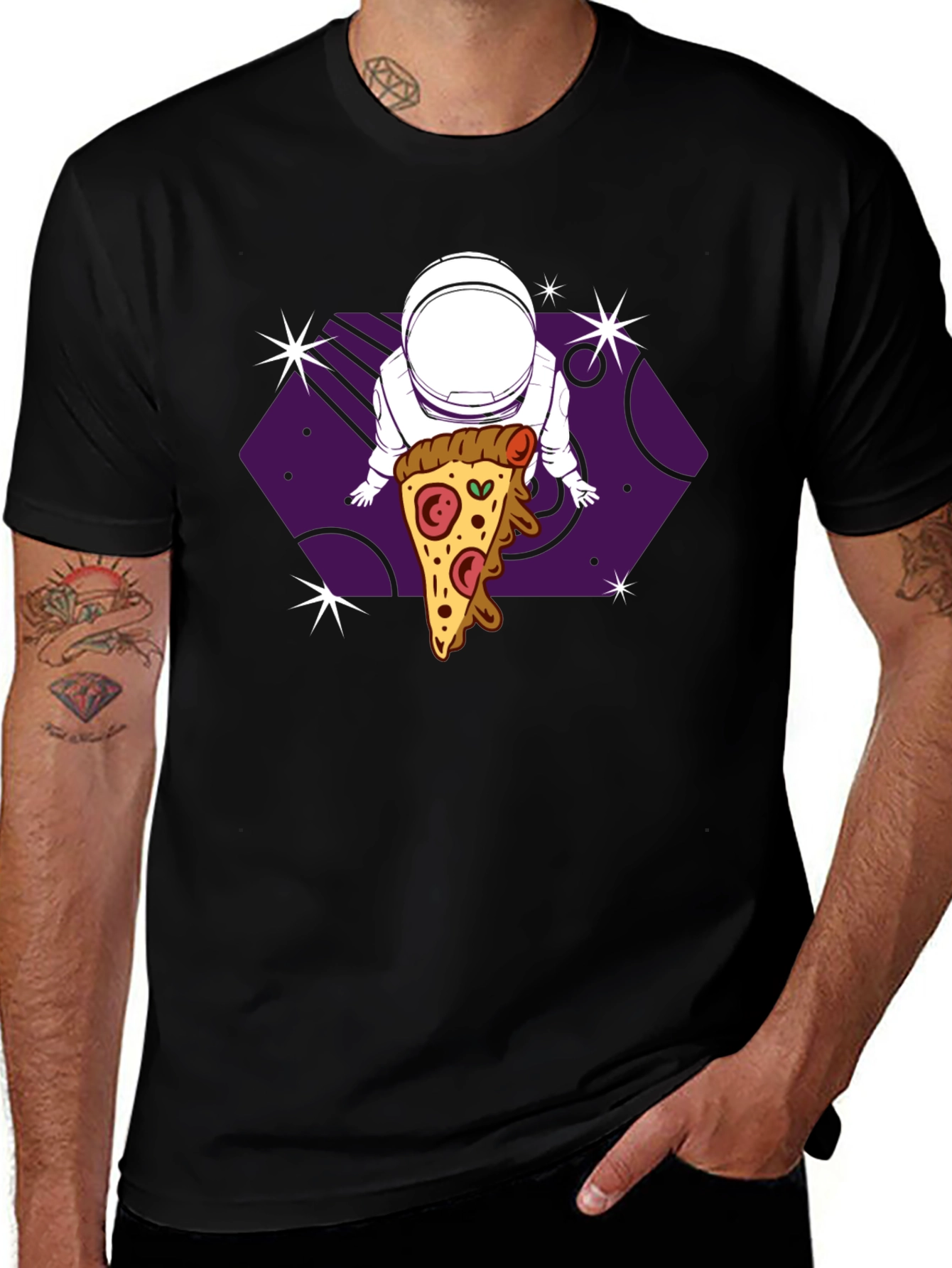 Astronaut Pizza Space T-Shirt - Black