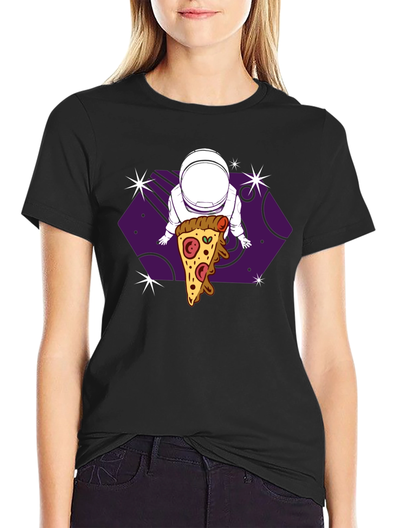 Astronaut Pizza Space T-Shirt - Black