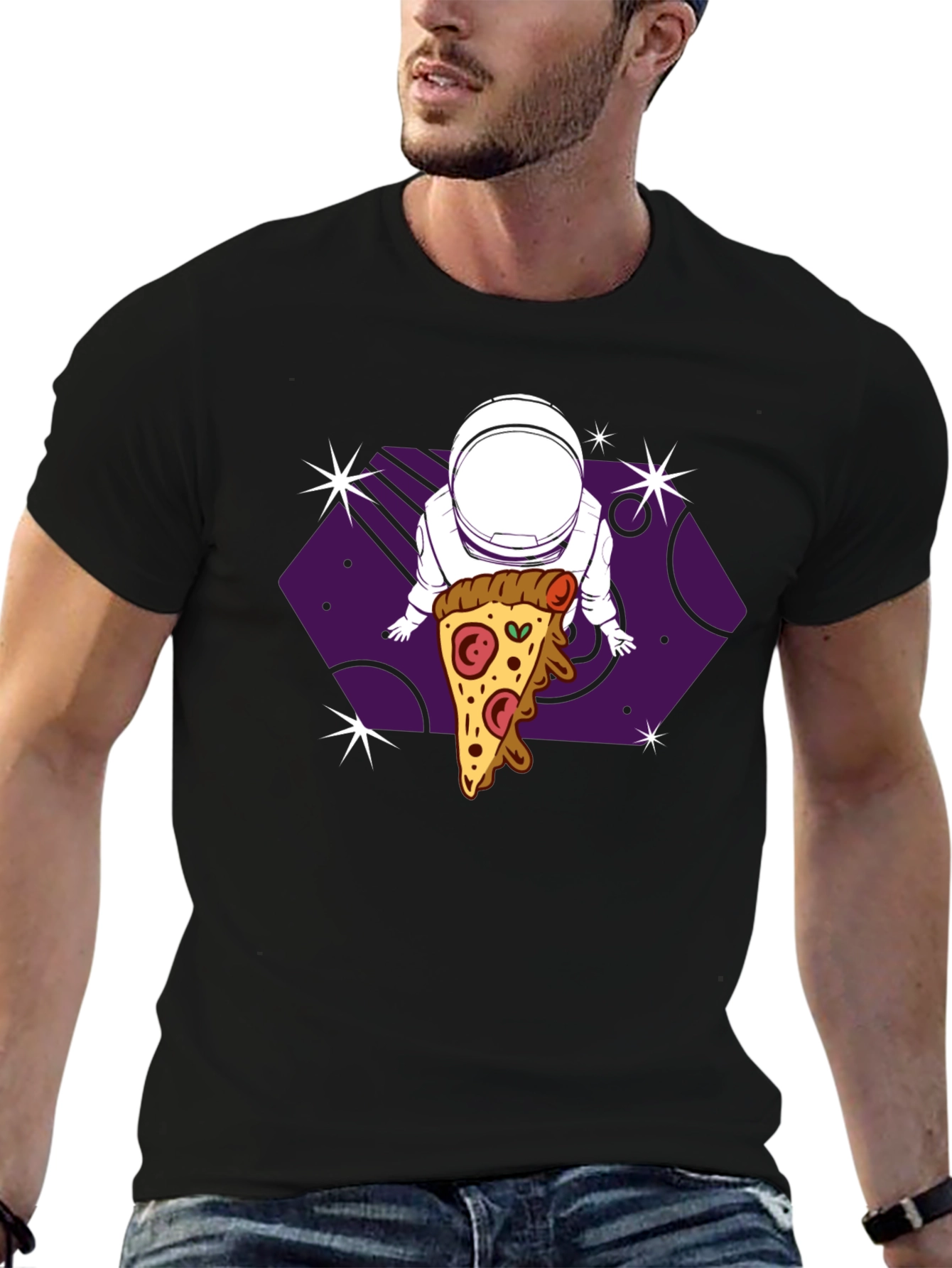 Astronaut Pizza Space T-Shirt - Black
