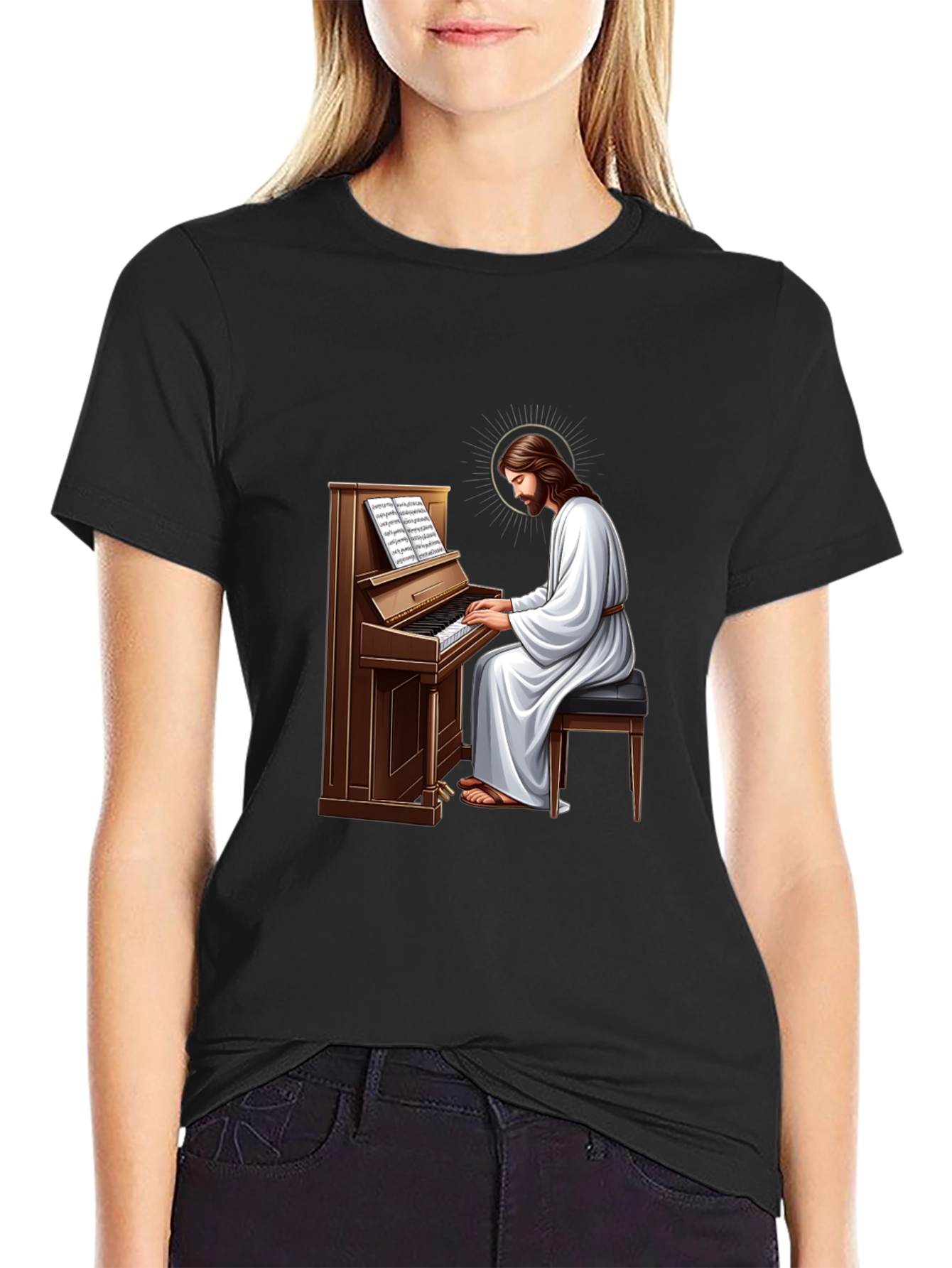 Jesus Playing Piano Graphic T-Shirt - Black