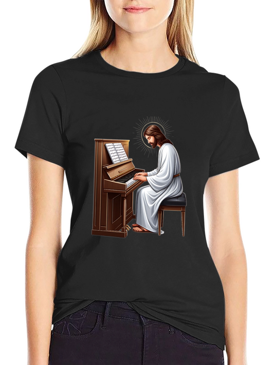 Jesus Playing Piano Graphic T-Shirt - Black