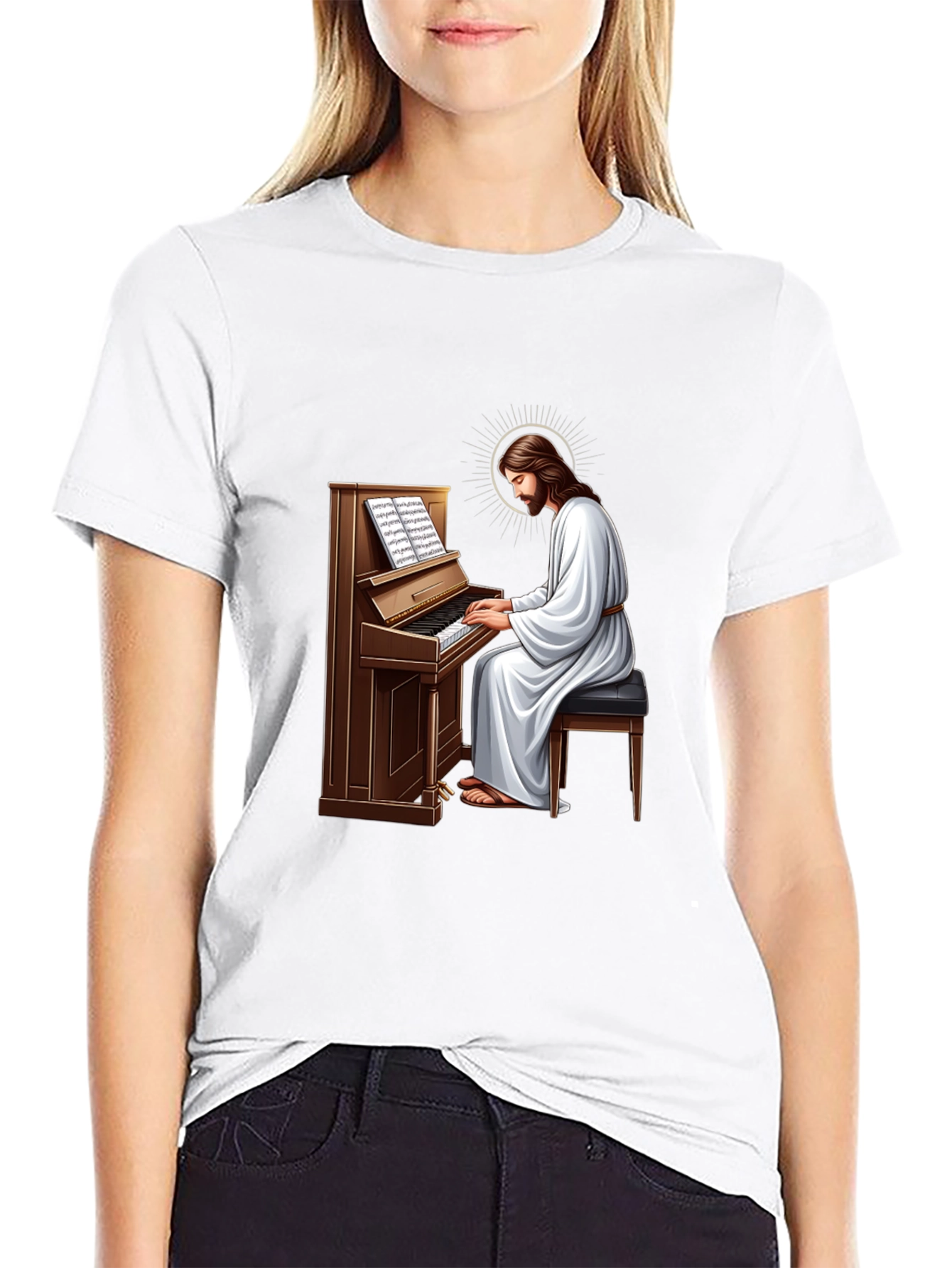 Jesus Playing Piano Graphic T-Shirt - Black