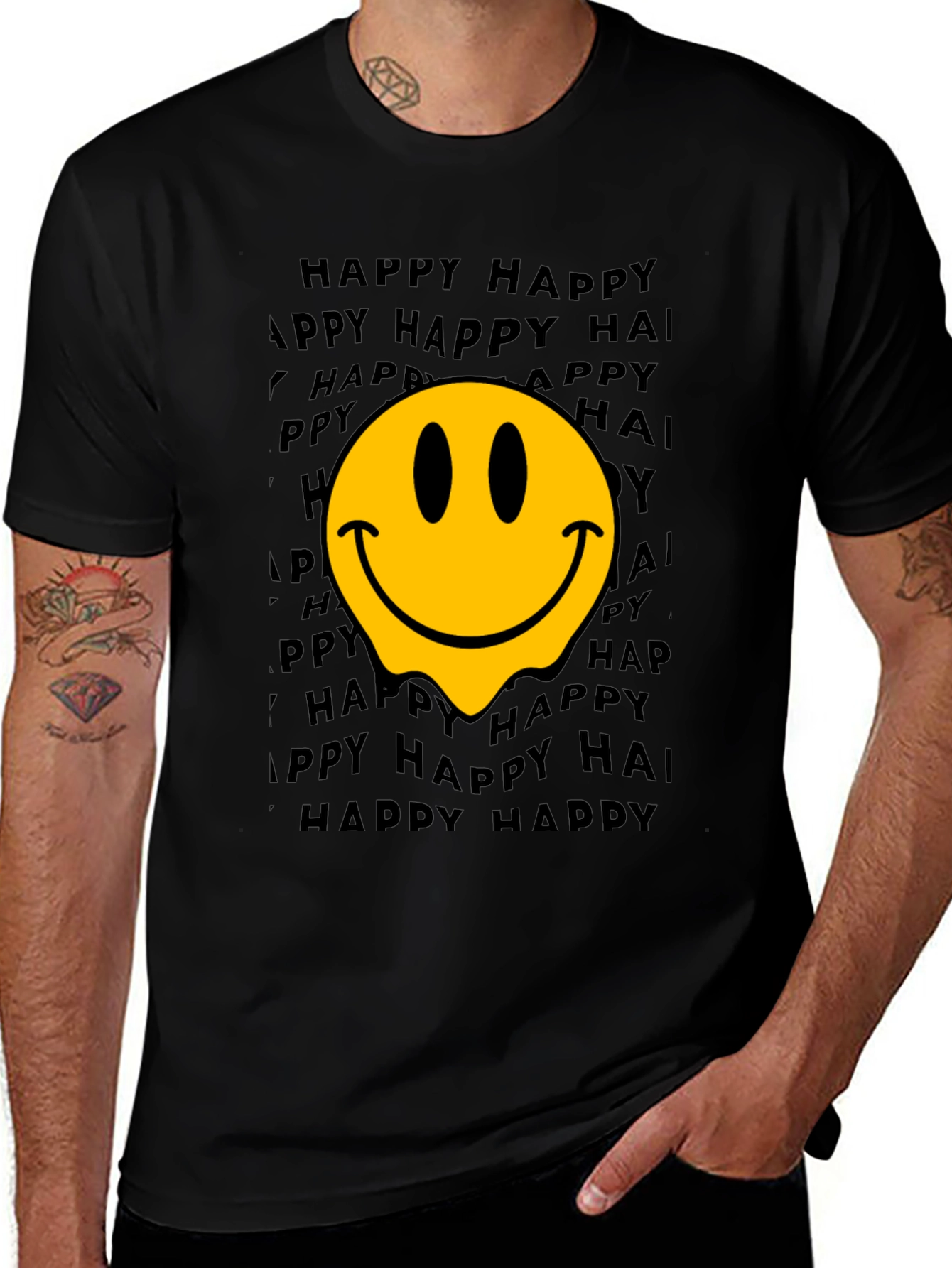 Melting Smiley Face Graphic T-Shirt - Black