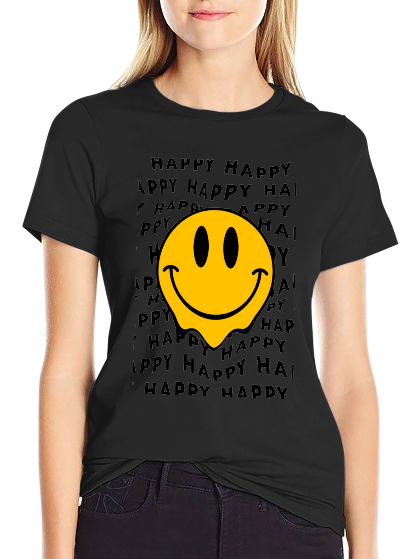 Melting Smiley Face Graphic T-Shirt - Black