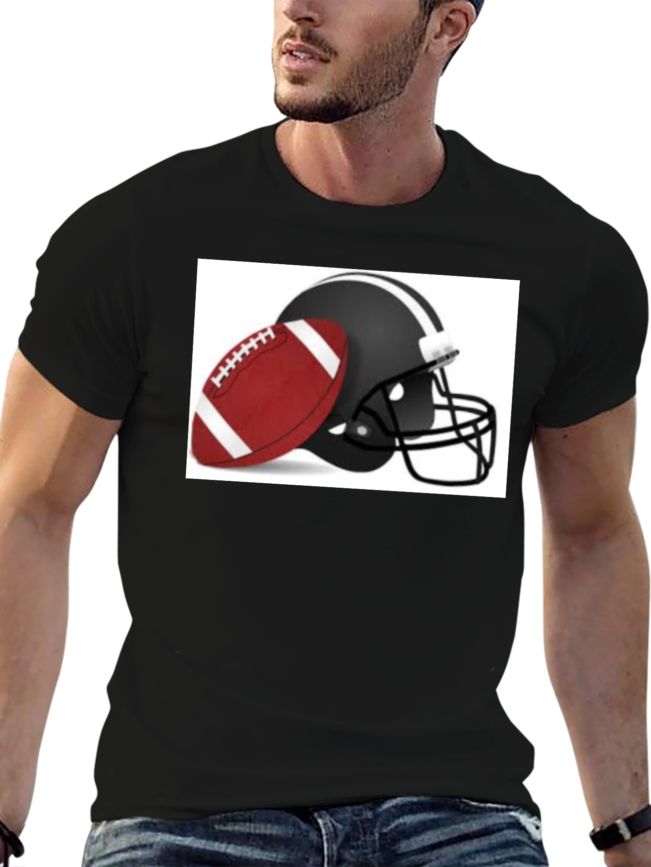 Football Helmet & Ball Graphic Black T-Shirt