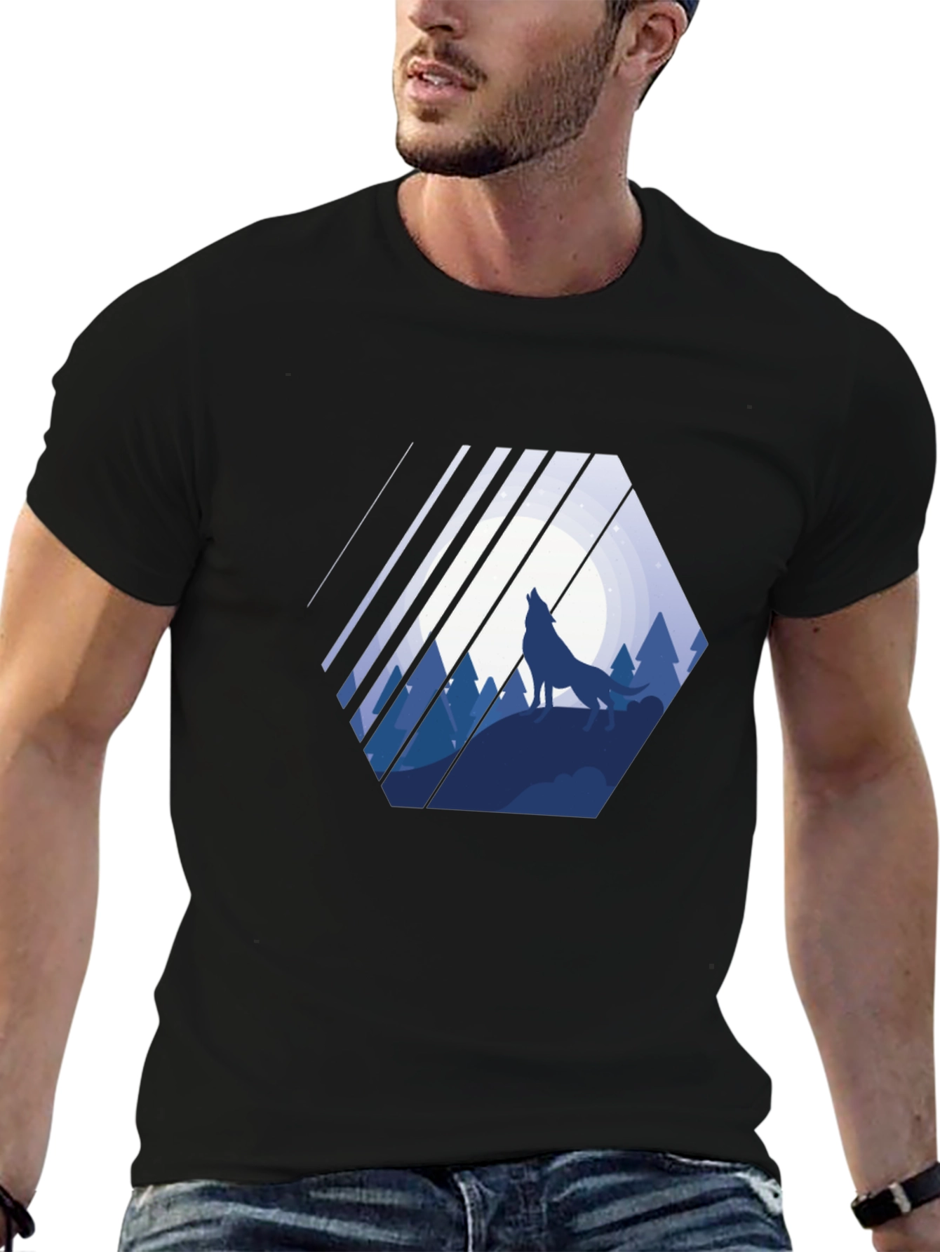 Wolf Silhouette Graphic Print Mens Black T-Shirt