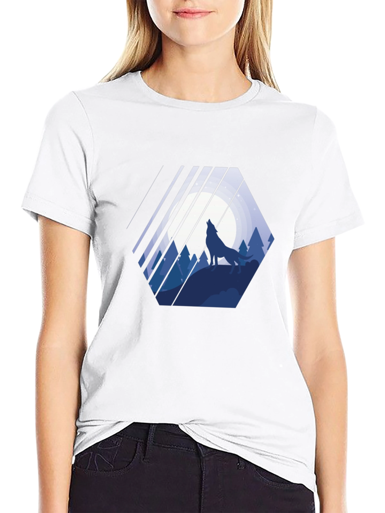 Wolf Silhouette Graphic Print Mens Black T-Shirt