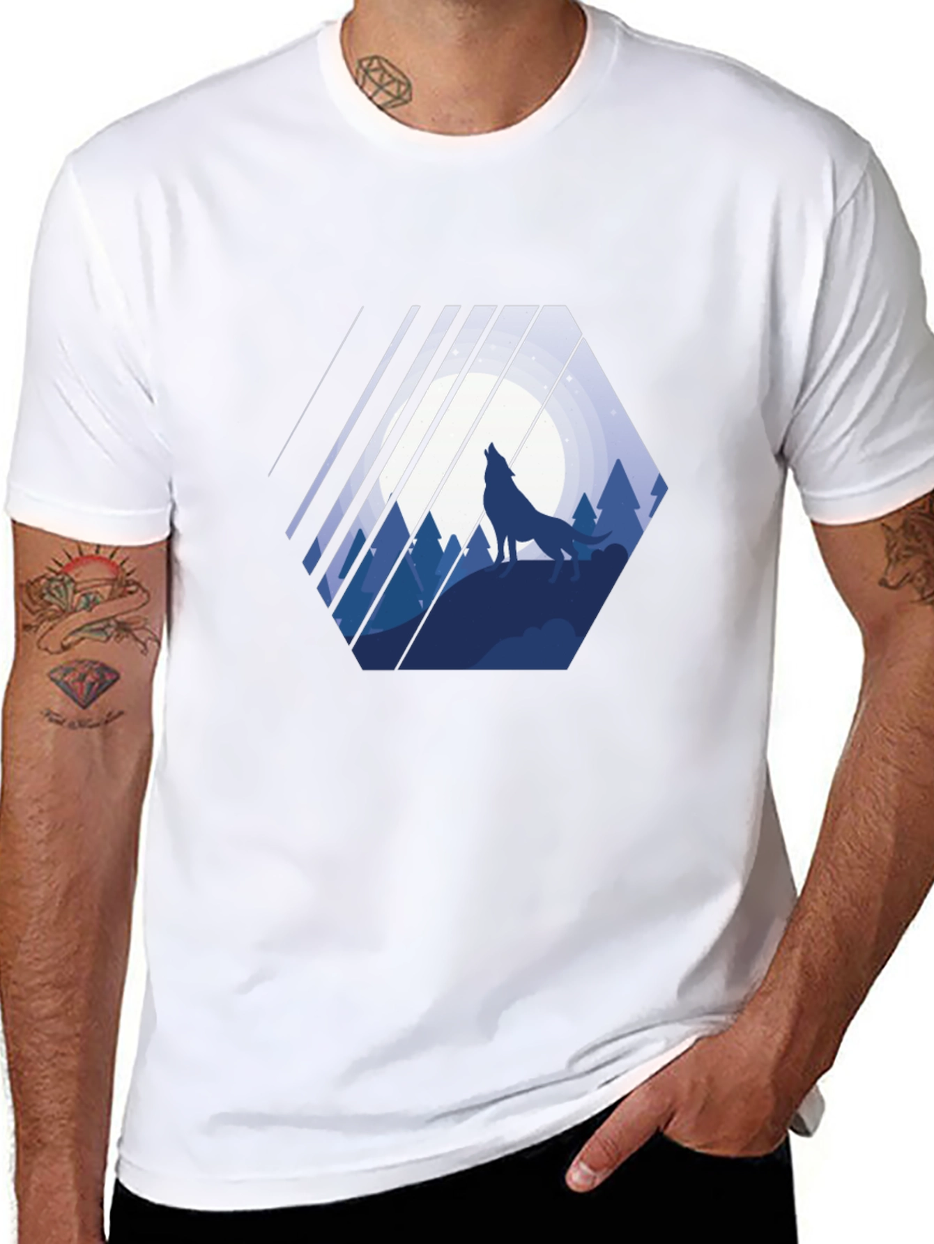 Wolf Silhouette Graphic Print Mens Black T-Shirt