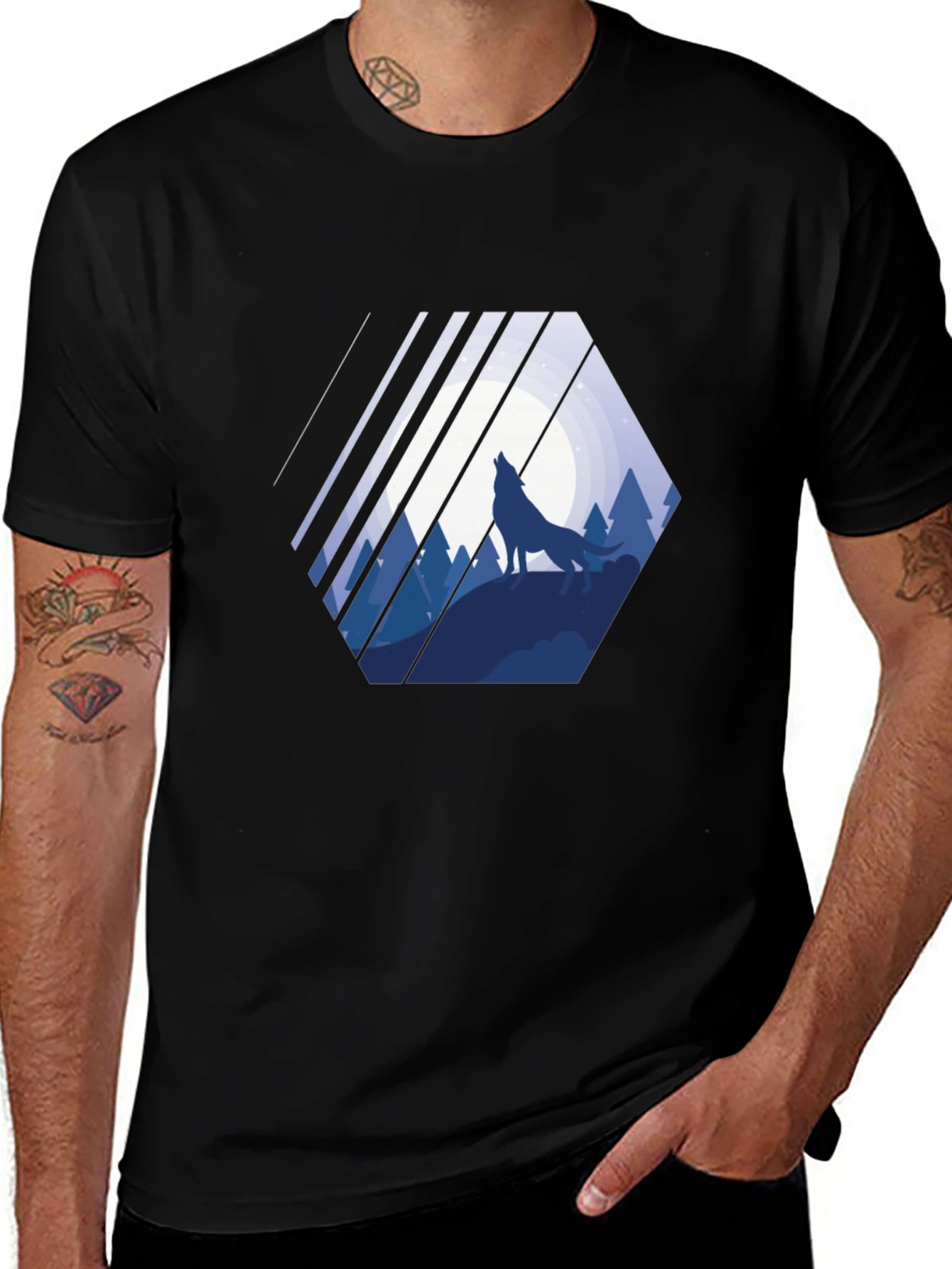 Wolf Silhouette Graphic Print Mens Black T-Shirt