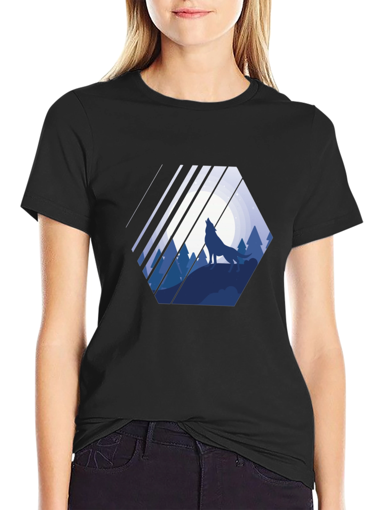 Wolf Silhouette Graphic Print Mens Black T-Shirt