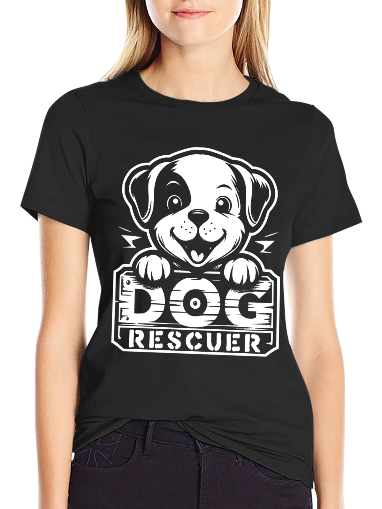Dog Rescuer T-Shirt - Black Cartoon Pup Design