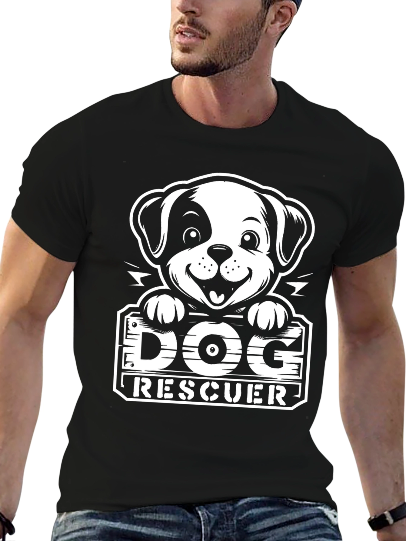 Dog Rescuer T-Shirt - Black Cartoon Pup Design